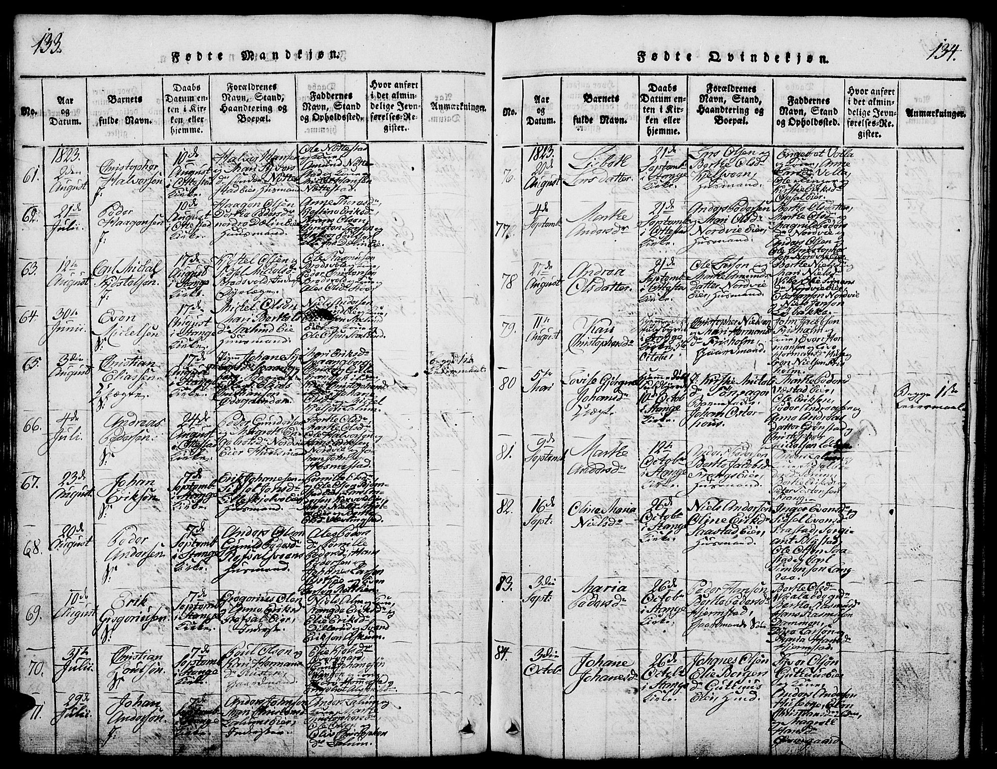 Stange prestekontor, AV/SAH-PREST-002/L/L0001: Parish register (copy) no. 1, 1814-1825, p. 133-134