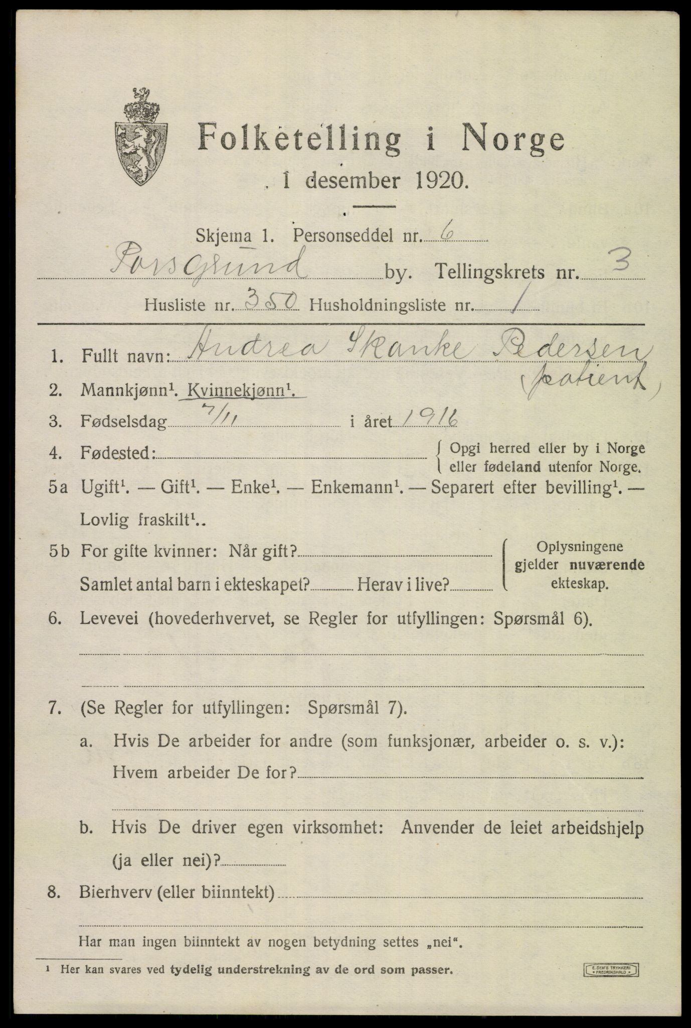 SAKO, 1920 census for Porsgrunn, 1920, p. 18879