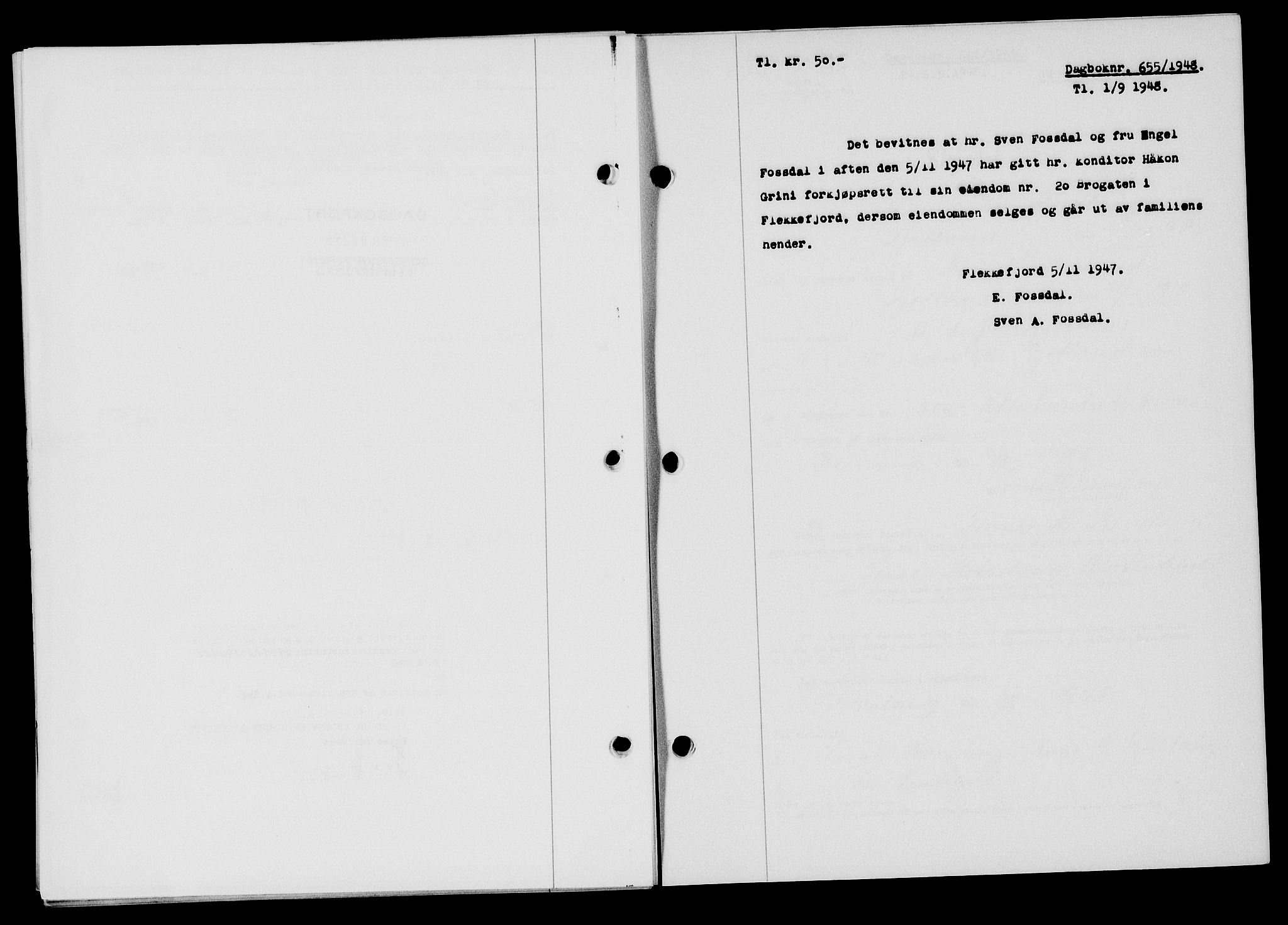 Flekkefjord sorenskriveri, SAK/1221-0001/G/Gb/Gba/L0064: Mortgage book no. A-12, 1948-1949, Diary no: : 655/1948