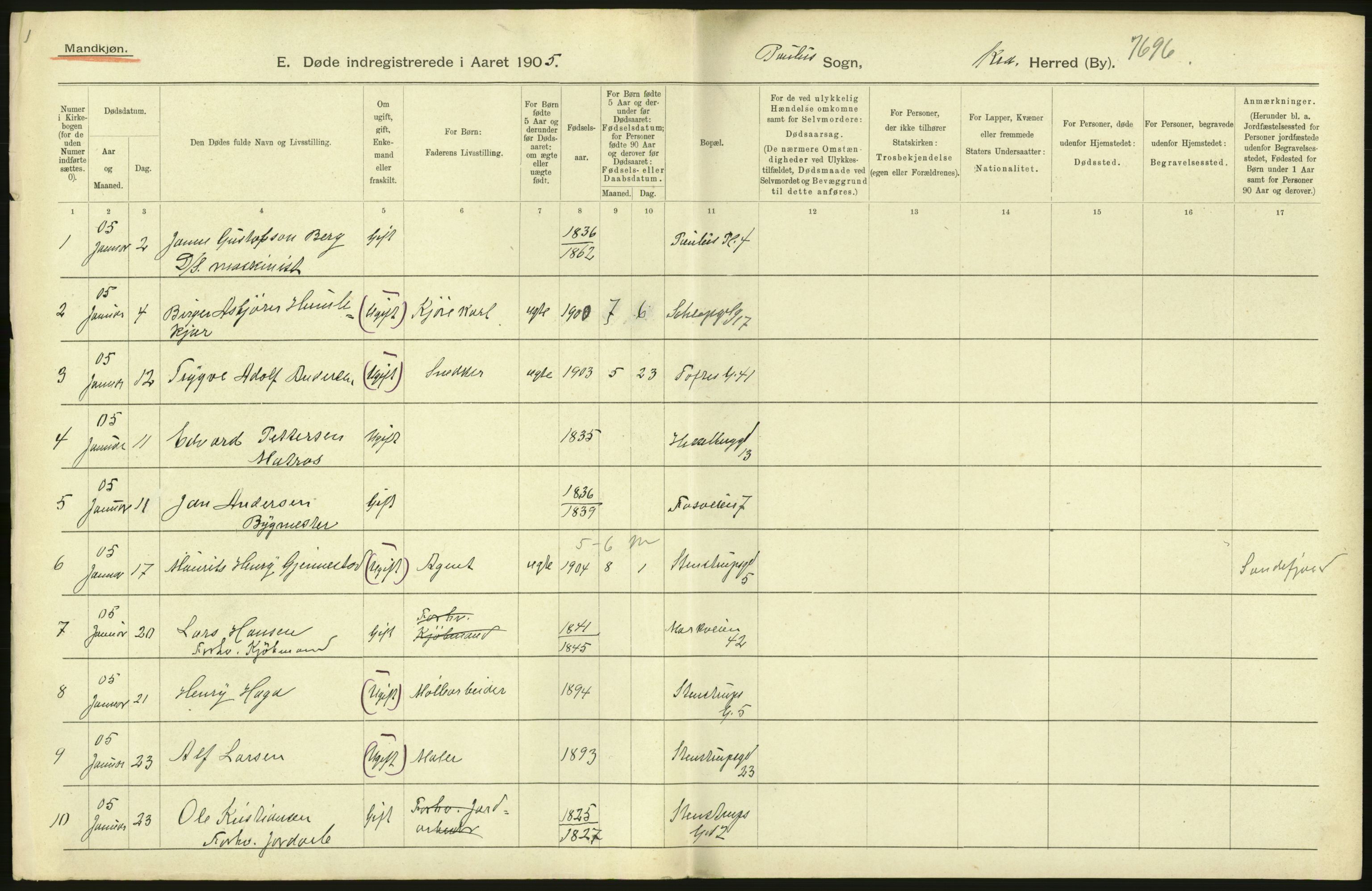 Statistisk sentralbyrå, Sosiodemografiske emner, Befolkning, RA/S-2228/D/Df/Dfa/Dfac/L0007a: Kristiania: Døde, dødfødte., 1905, p. 334