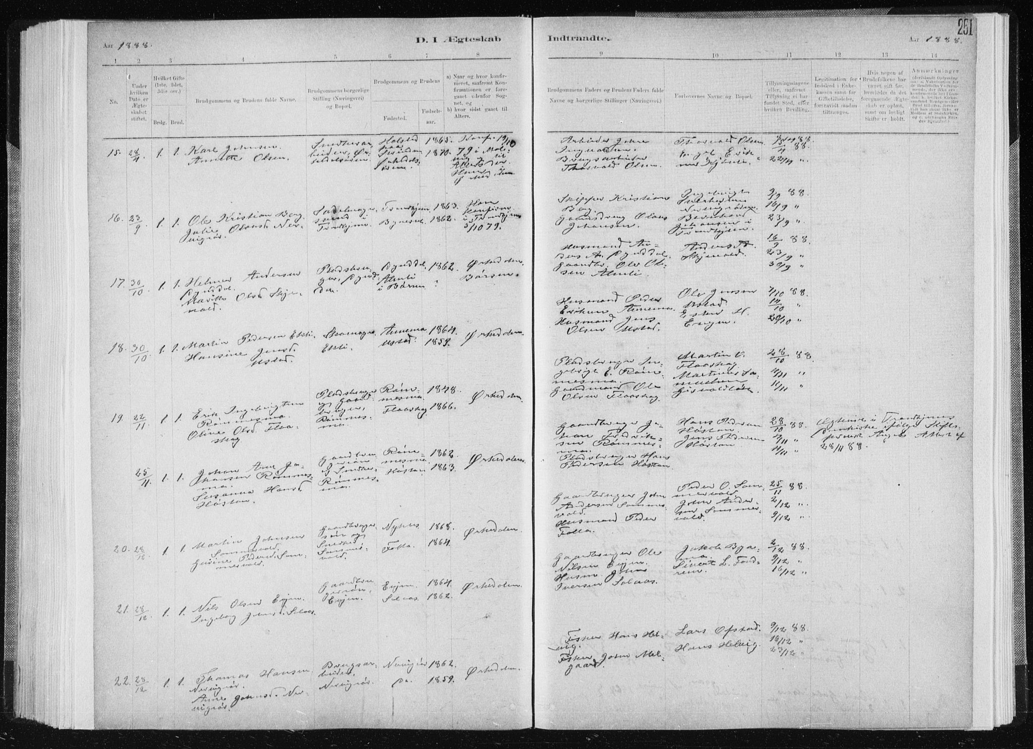 Ministerialprotokoller, klokkerbøker og fødselsregistre - Sør-Trøndelag, AV/SAT-A-1456/668/L0818: Parish register (copy) no. 668C07, 1885-1898, p. 251