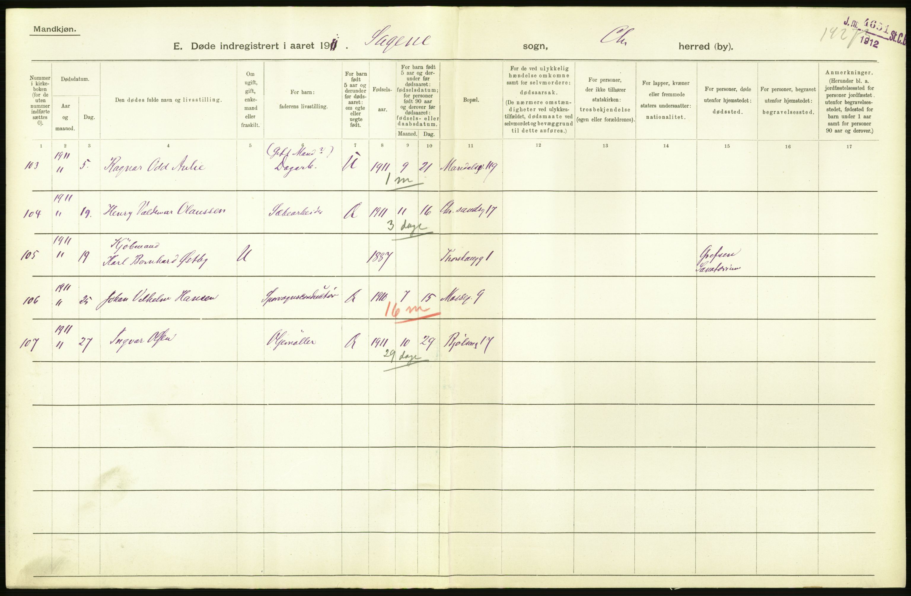 Statistisk sentralbyrå, Sosiodemografiske emner, Befolkning, AV/RA-S-2228/D/Df/Dfb/Dfba/L0009: Kristiania: Døde menn, 1911, p. 90