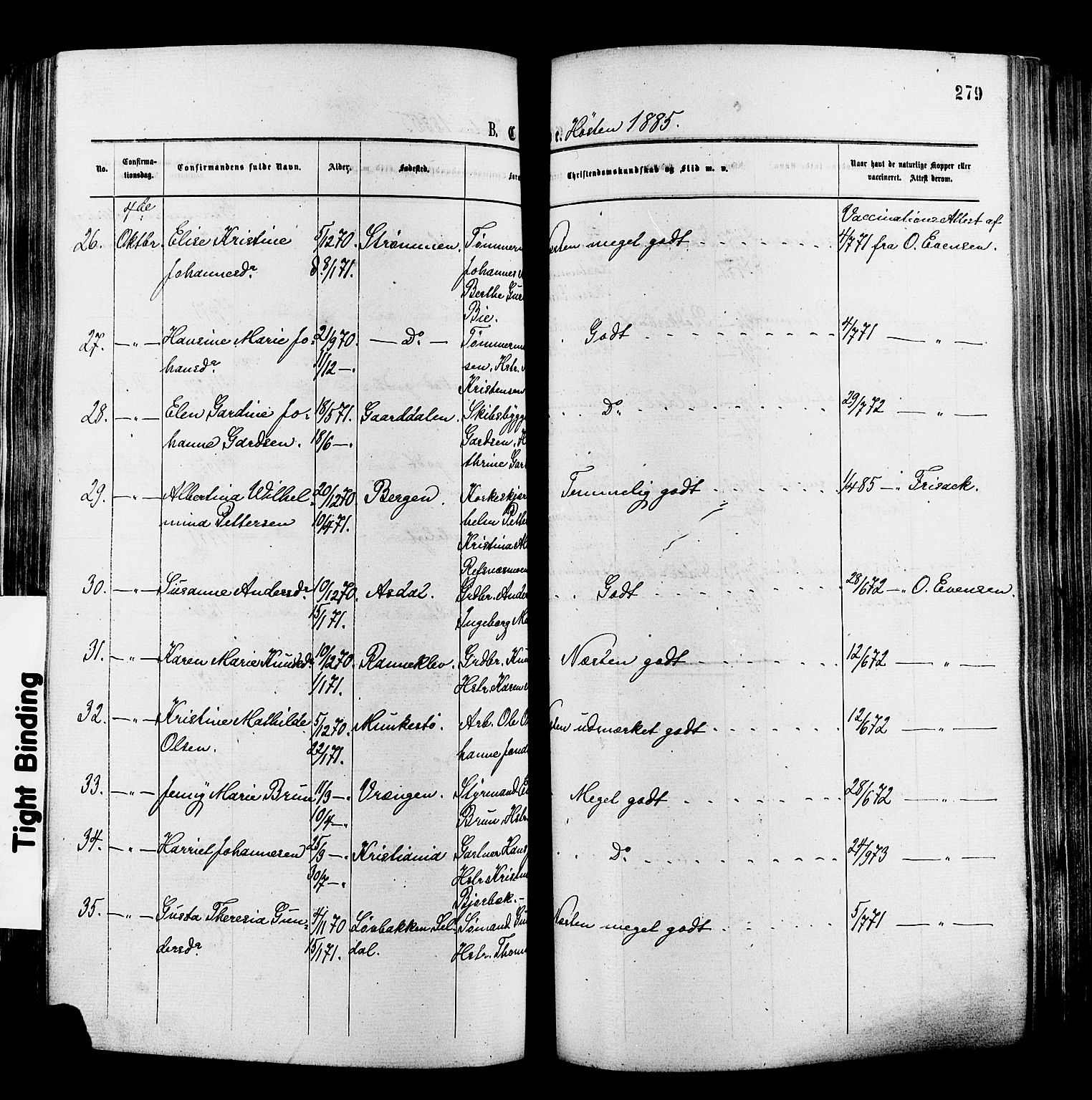 Øyestad sokneprestkontor, SAK/1111-0049/F/Fa/L0016: Parish register (official) no. A 16, 1874-1886, p. 279