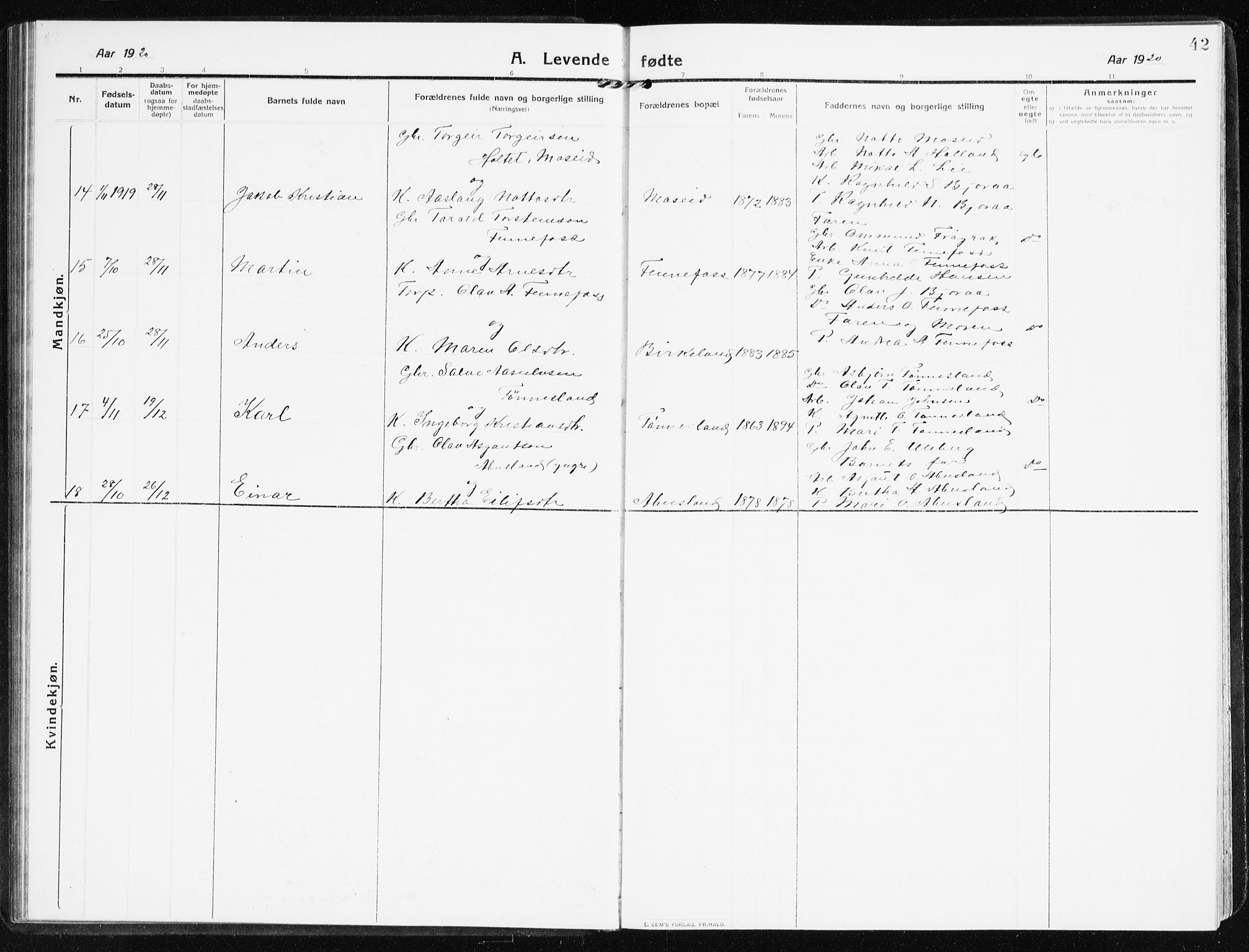 Evje sokneprestkontor, AV/SAK-1111-0008/F/Fb/Fbb/L0003: Parish register (copy) no. B 3, 1910-1933, p. 42