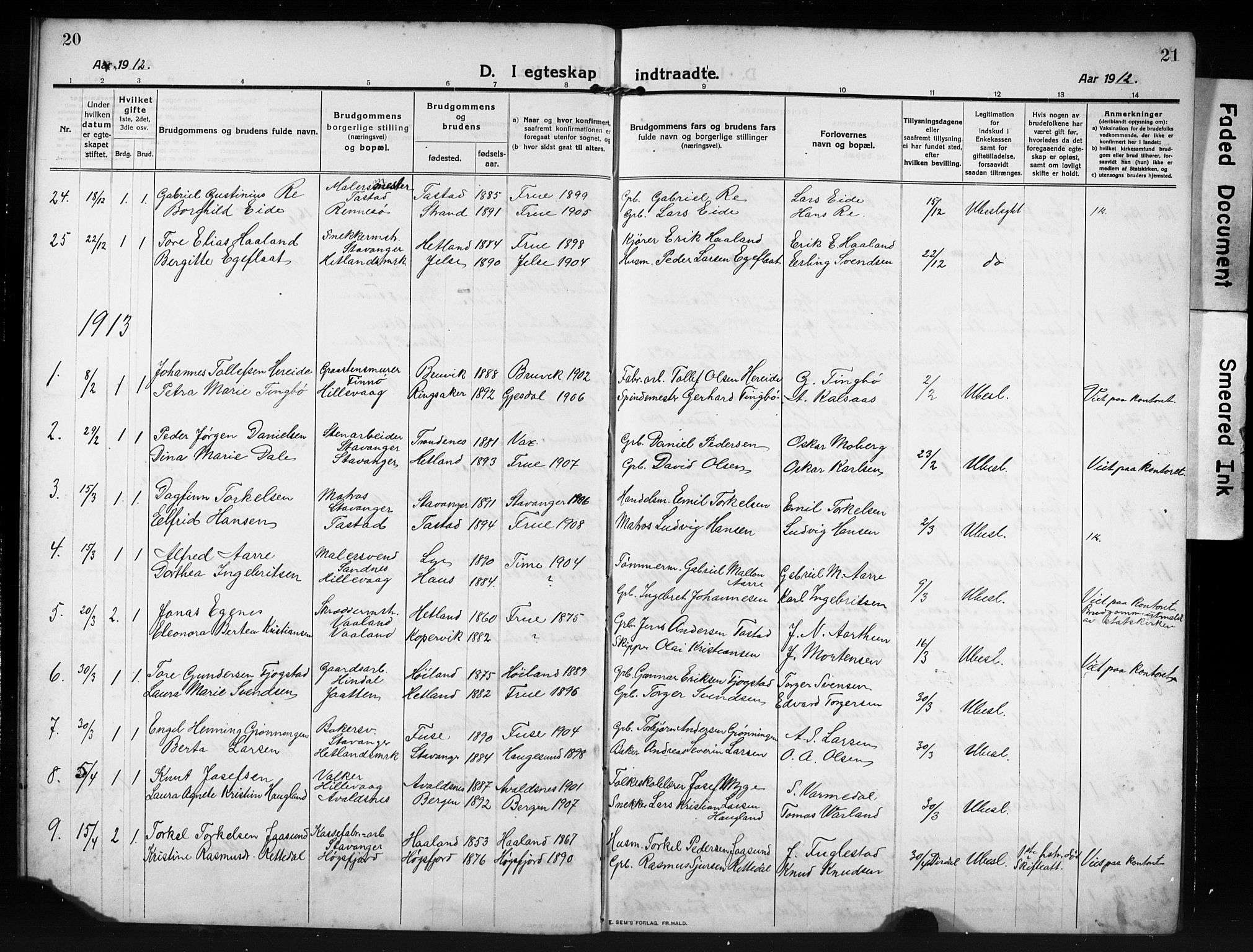 Hetland sokneprestkontor, SAST/A-101826/30/30BB/L0009: Parish register (copy) no. B 9, 1910-1931, p. 20-21