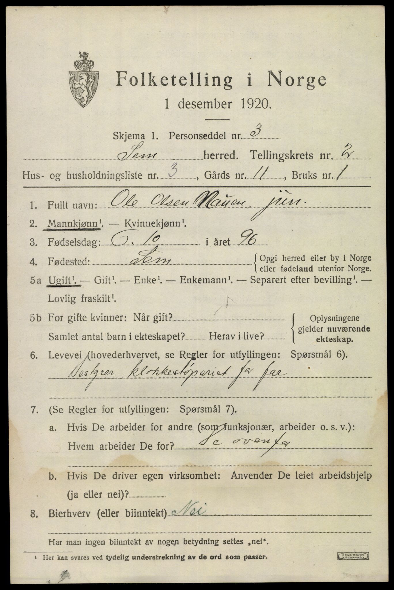 SAKO, 1920 census for Sem, 1920, p. 5279