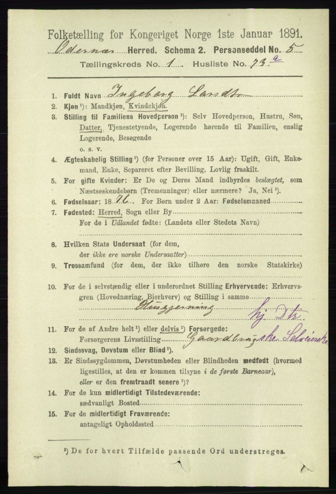 RA, 1891 census for 1012 Oddernes, 1891, p. 516