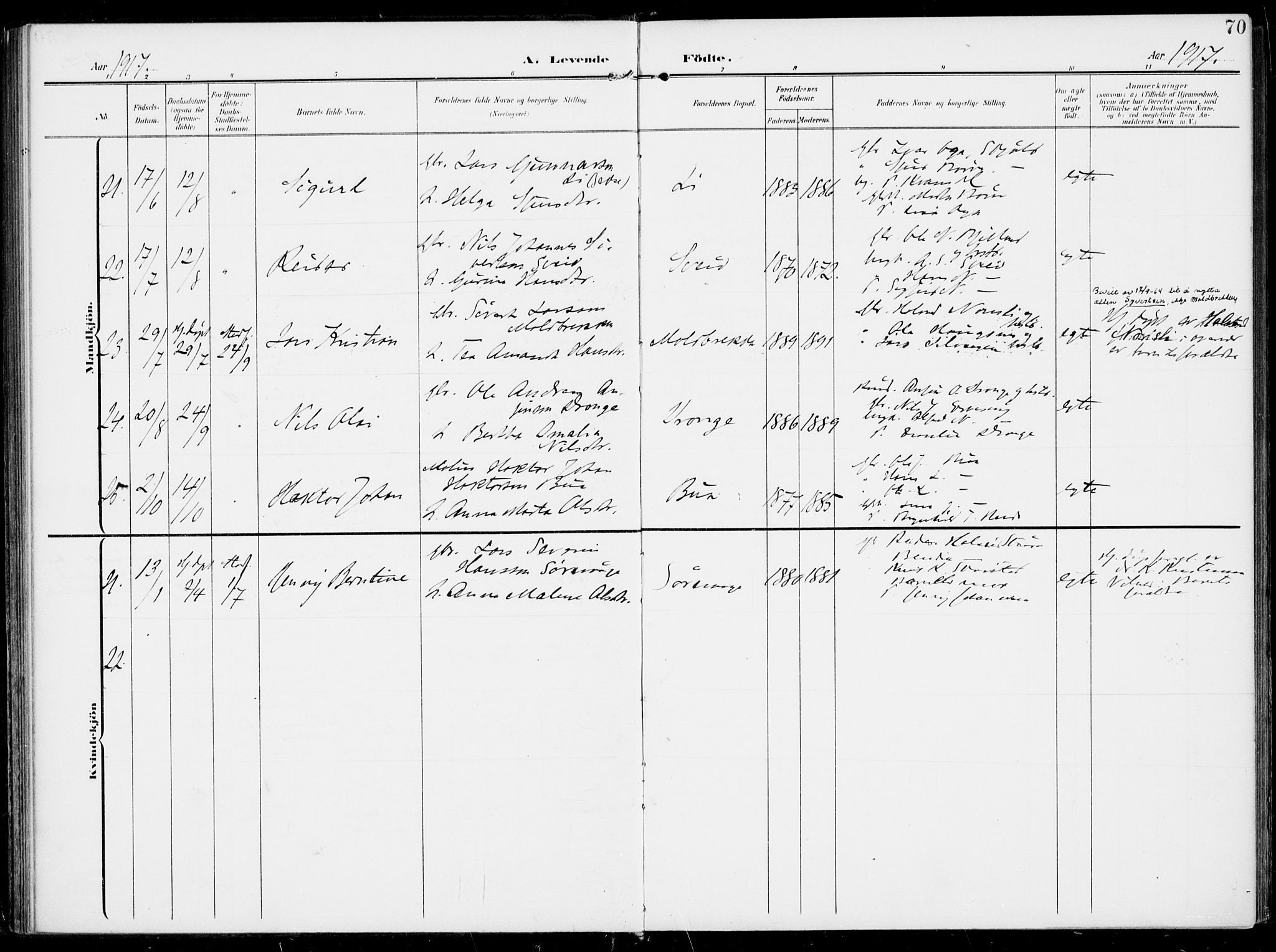 Sveio Sokneprestembete, AV/SAB-A-78501/H/Haa: Parish register (official) no. B  4, 1906-1919, p. 70