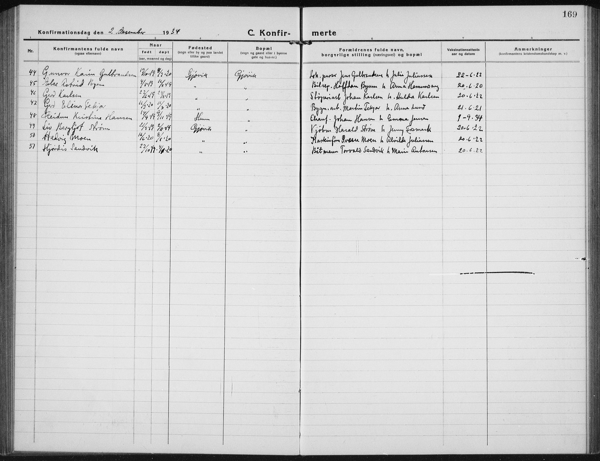 Vardal prestekontor, SAH/PREST-100/H/Ha/Hab/L0017: Parish register (copy) no. 17, 1922-1941, p. 169