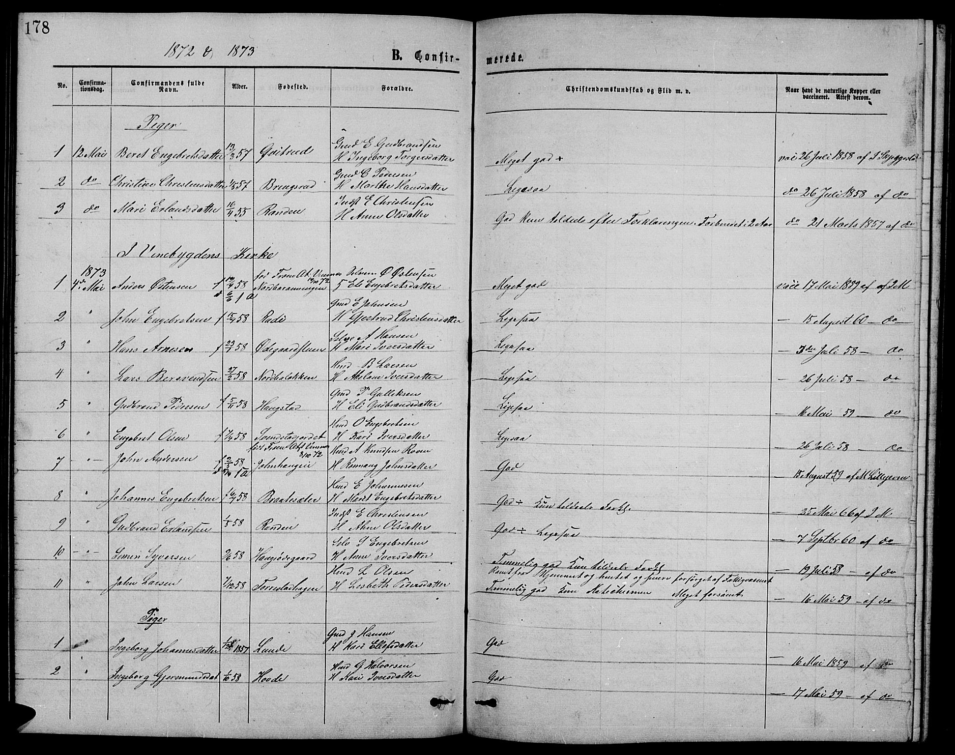 Ringebu prestekontor, SAH/PREST-082/H/Ha/Hab/L0004: Parish register (copy) no. 4, 1867-1879, p. 178