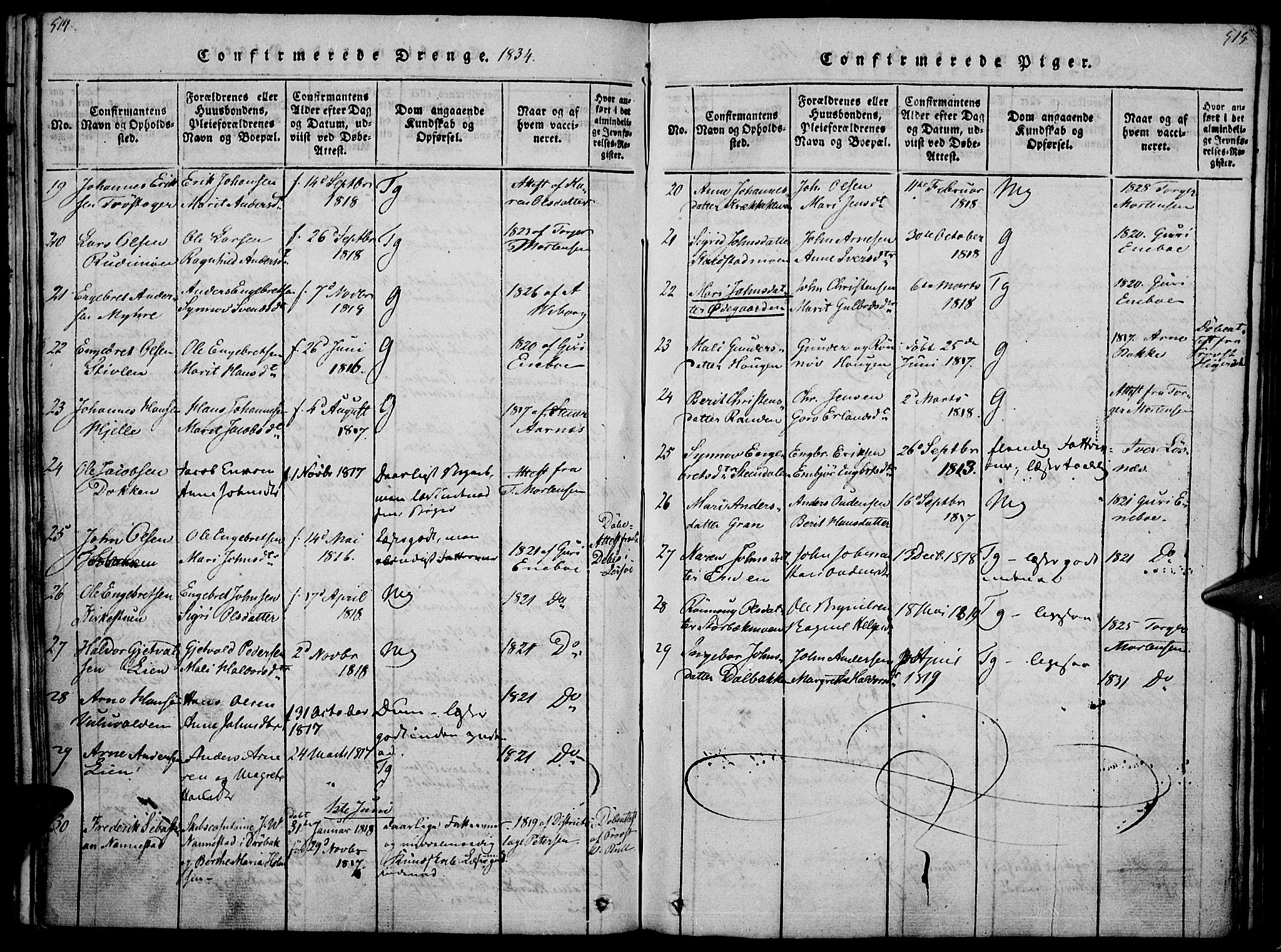 Ringebu prestekontor, SAH/PREST-082/H/Ha/Haa/L0004: Parish register (official) no. 4, 1821-1839, p. 514-515