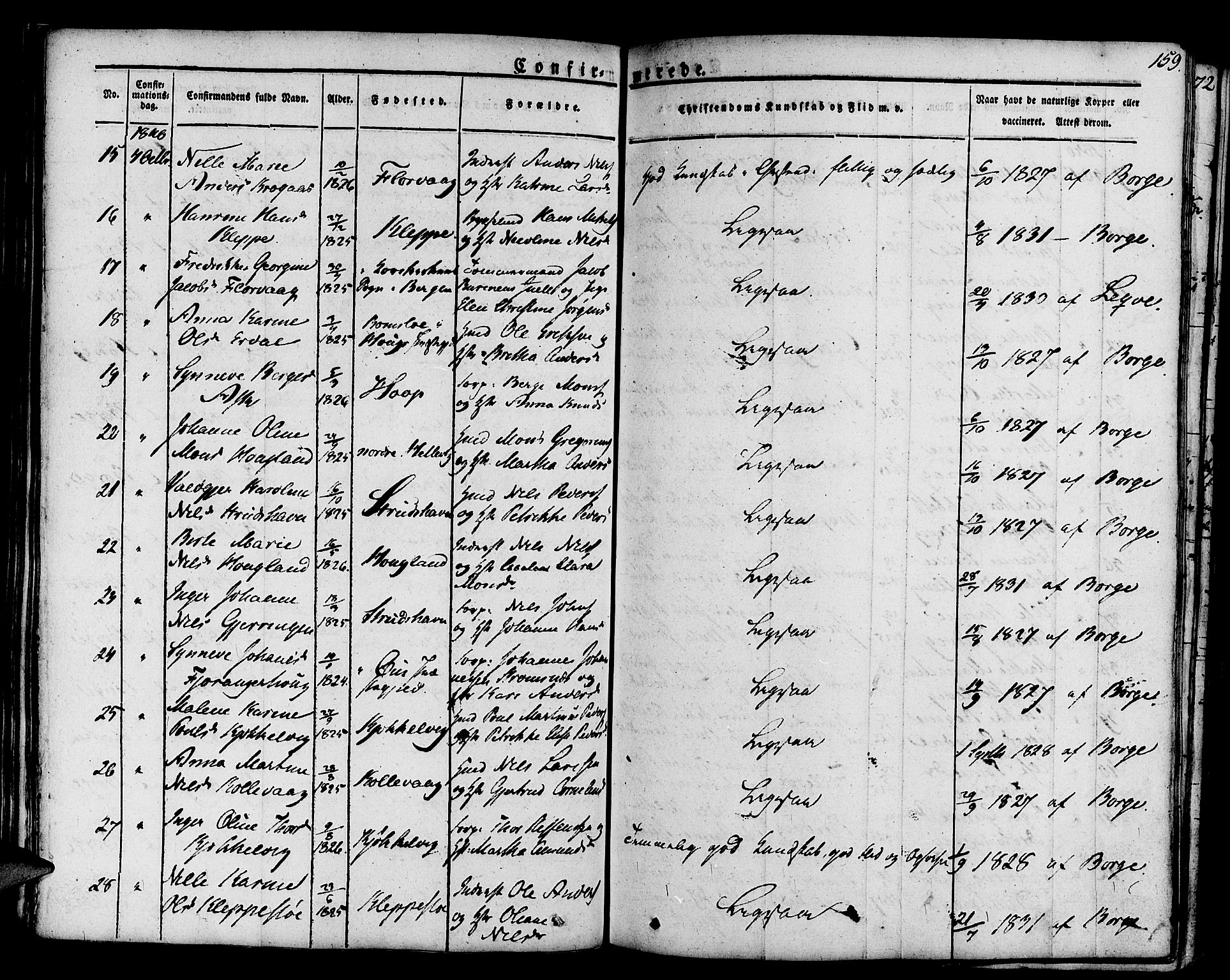 Askøy Sokneprestembete, SAB/A-74101/H/Ha/Haa/Haaa/L0004: Parish register (official) no. A 4, 1825-1845, p. 159