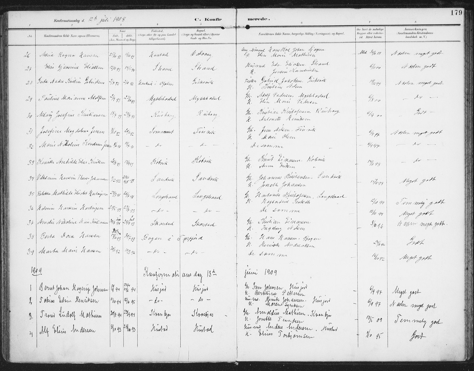 Ministerialprotokoller, klokkerbøker og fødselsregistre - Nordland, AV/SAT-A-1459/872/L1036: Parish register (official) no. 872A11, 1897-1913, p. 179