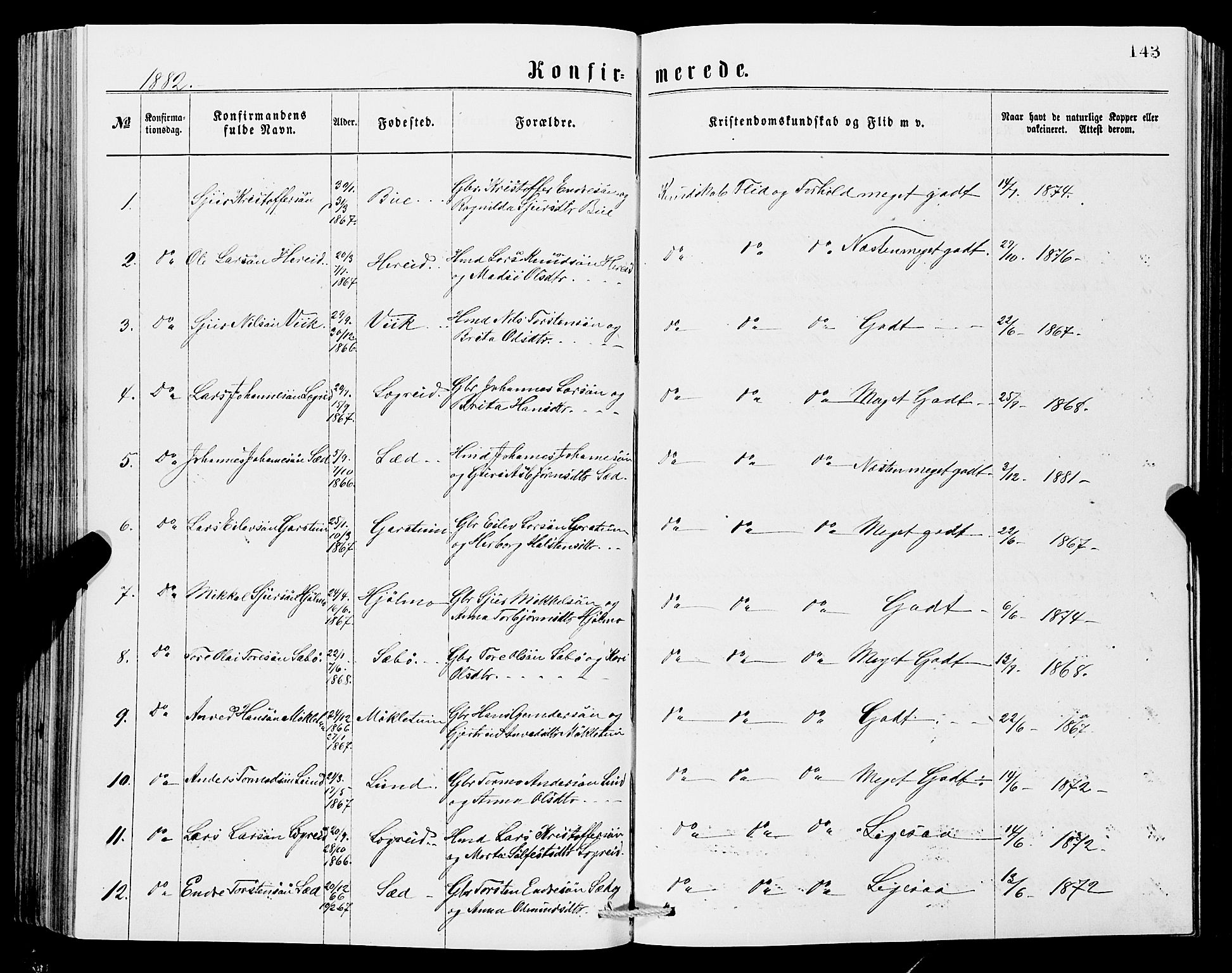 Ullensvang sokneprestembete, SAB/A-78701/H/Hab: Parish register (copy) no. C 2, 1871-1899, p. 143