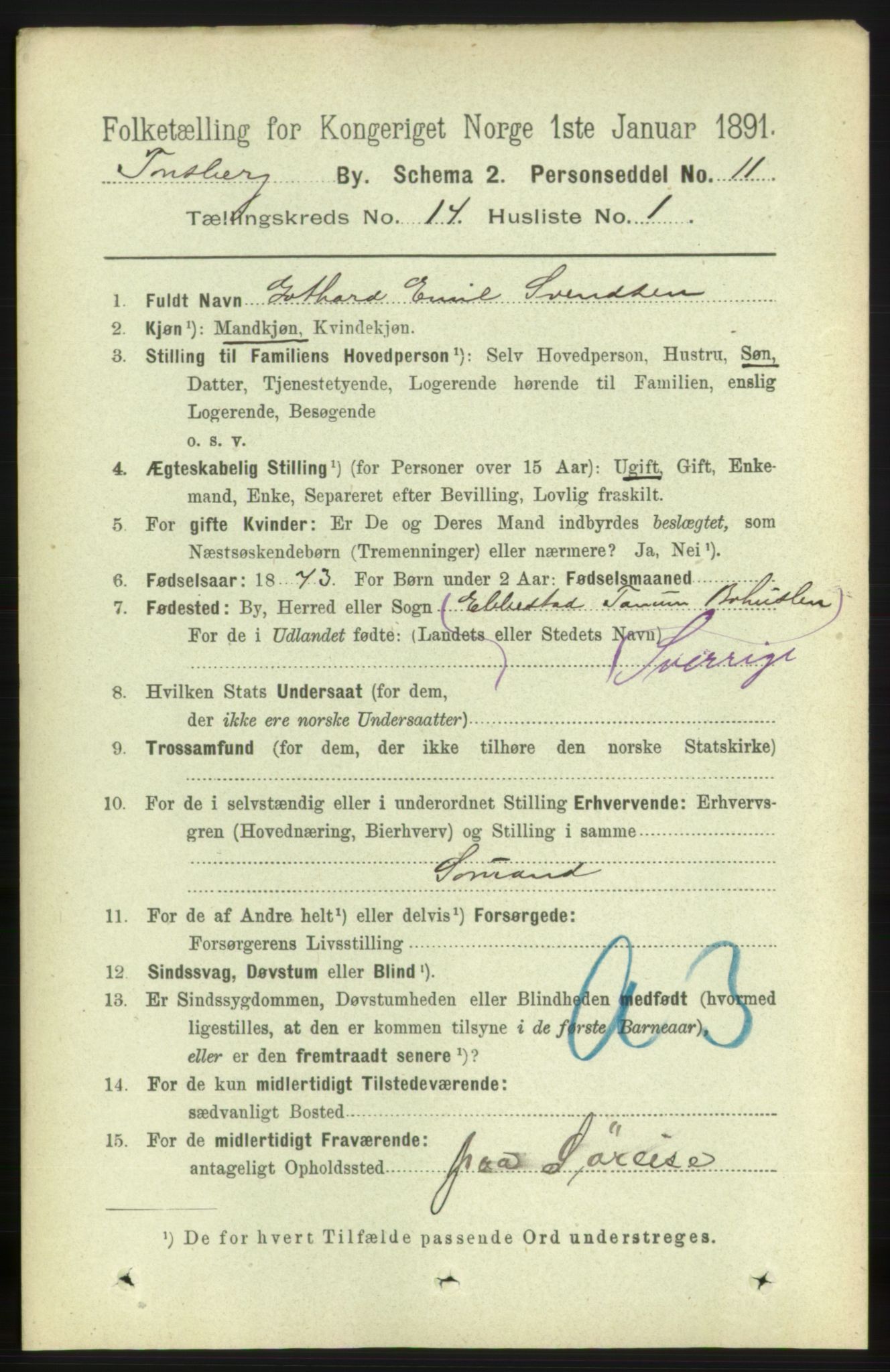 RA, 1891 census for 0705 Tønsberg, 1891, p. 4523