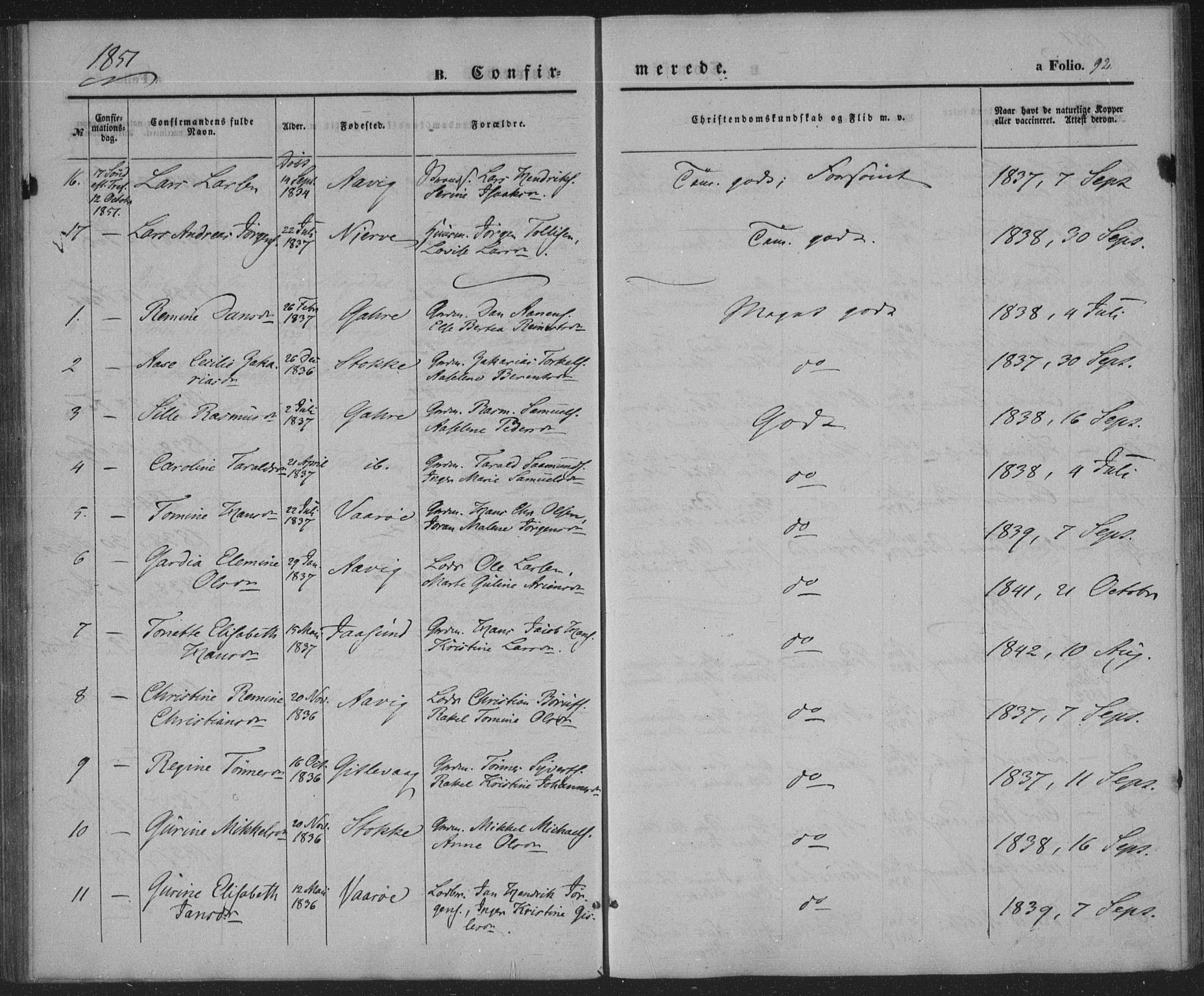 Sør-Audnedal sokneprestkontor, SAK/1111-0039/F/Fa/Faa/L0002: Parish register (official) no. A 2, 1848-1867, p. 92