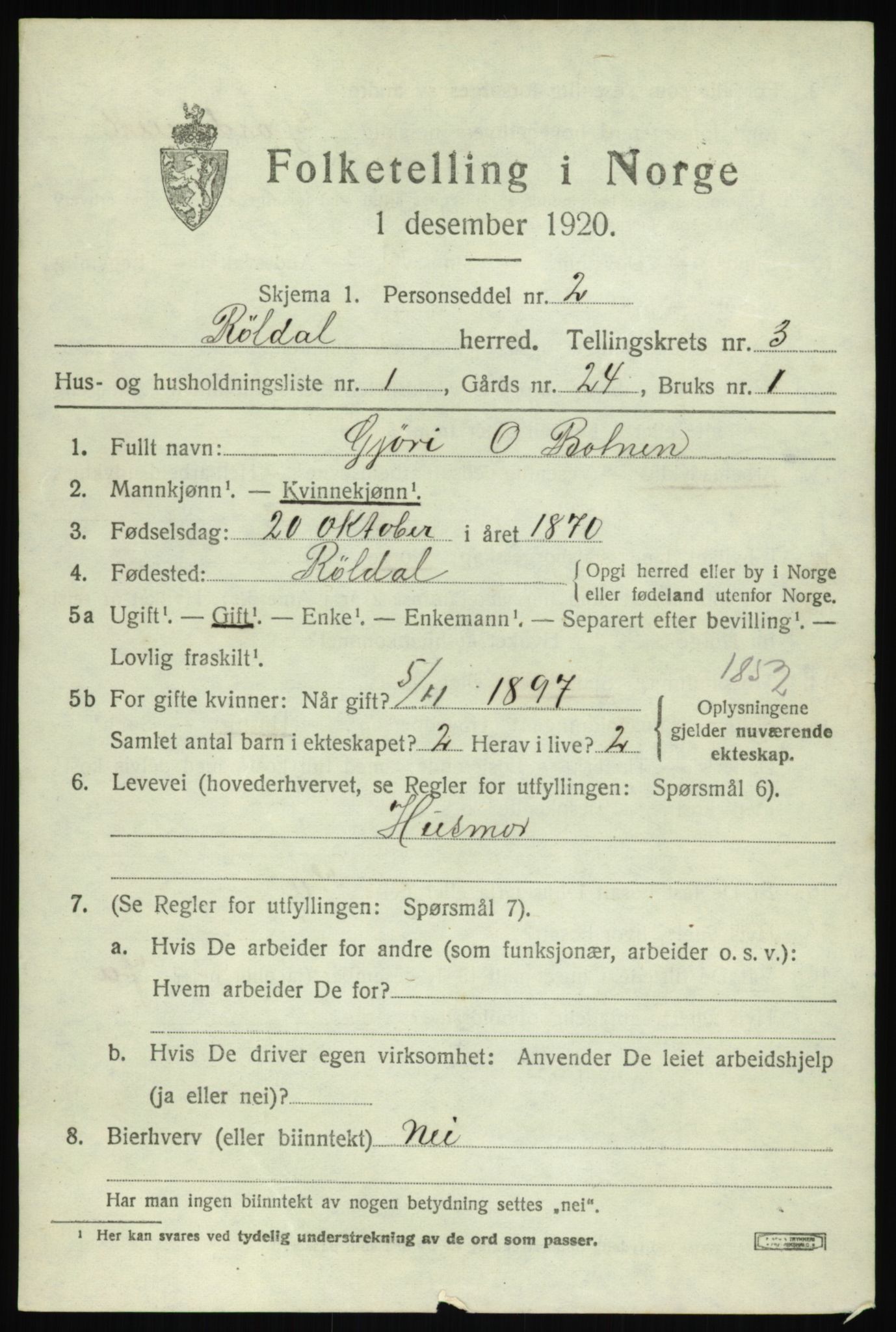 SAB, 1920 census for Røldal, 1920, p. 1663