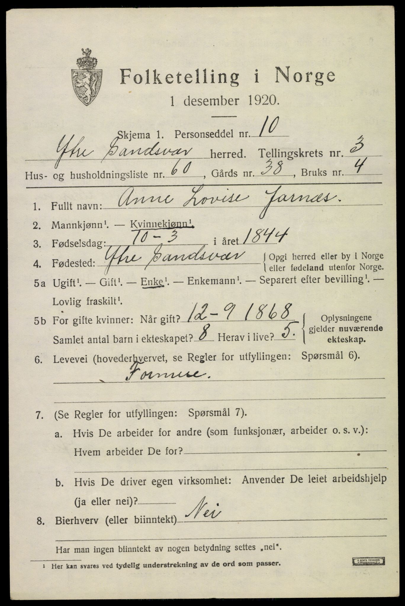 SAKO, 1920 census for Ytre Sandsvær, 1920, p. 4384