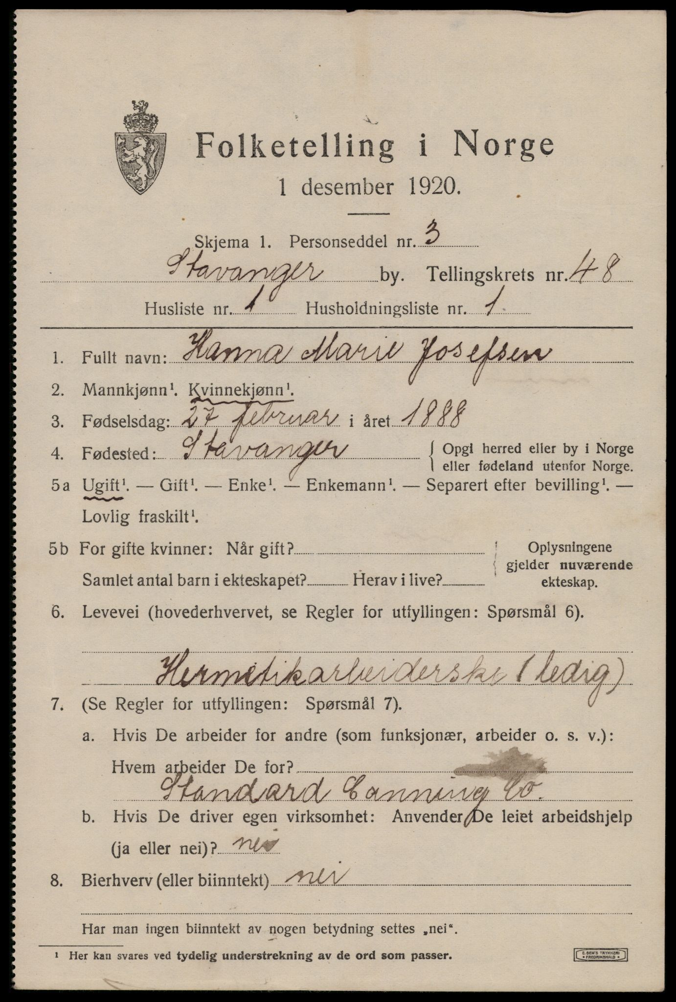 SAST, 1920 census for Stavanger, 1920, p. 115302