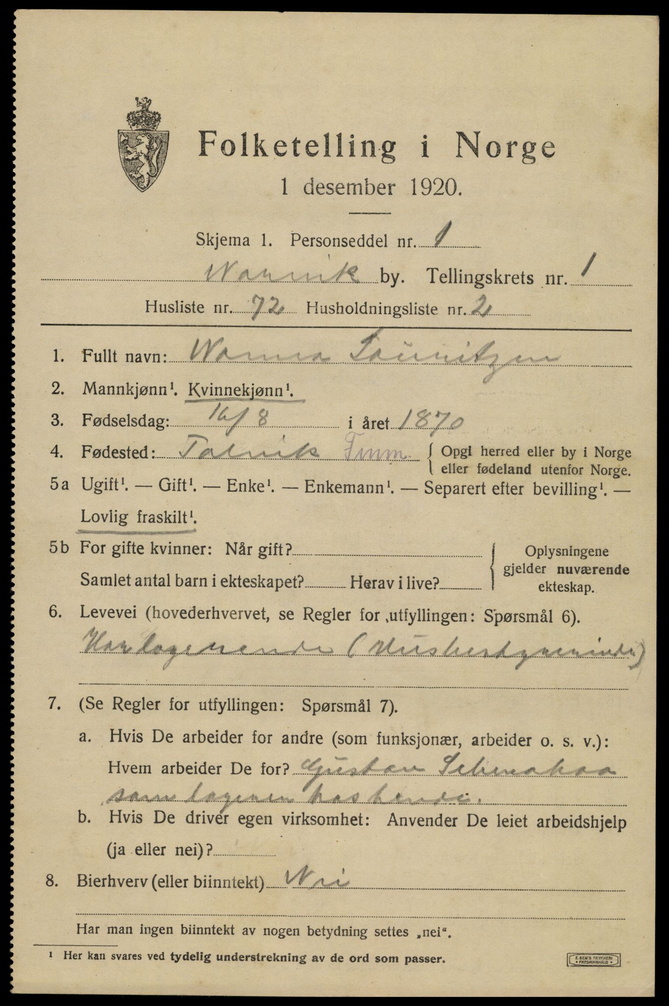 SAT, 1920 census for Narvik, 1920, p. 5192