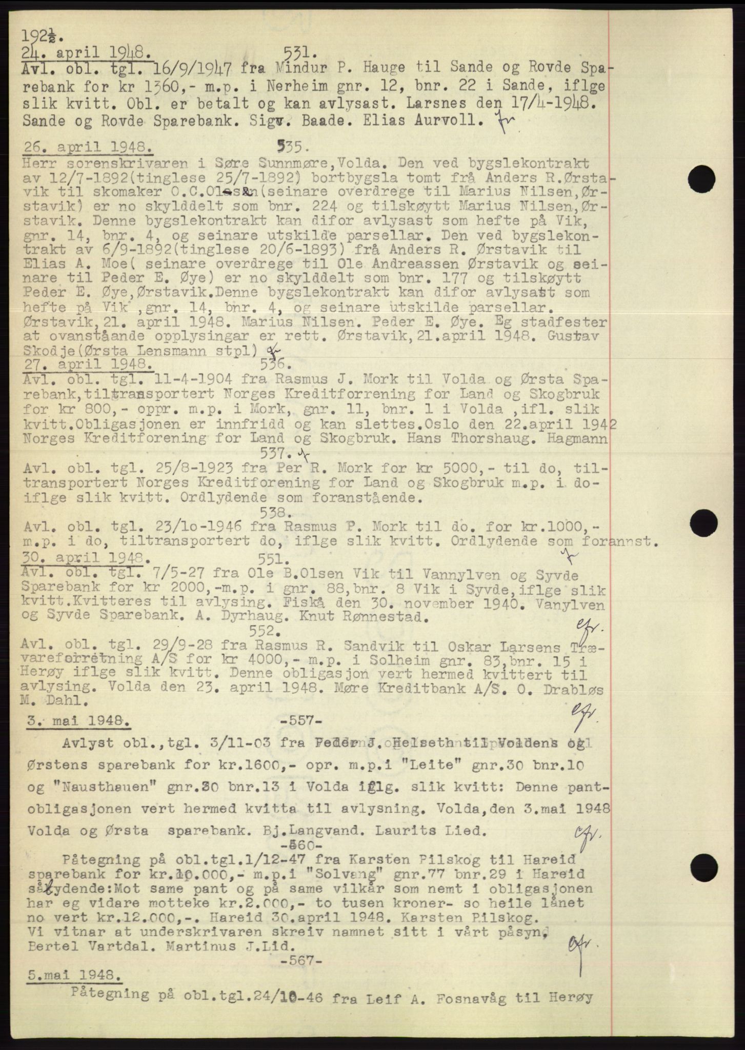 Søre Sunnmøre sorenskriveri, AV/SAT-A-4122/1/2/2C/L0072: Mortgage book no. 66, 1941-1955, Diary no: : 531/1948