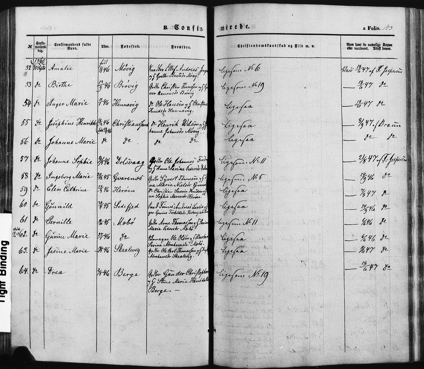 Oddernes sokneprestkontor, SAK/1111-0033/F/Fa/Faa/L0007: Parish register (official) no. A 7, 1851-1863, p. 123