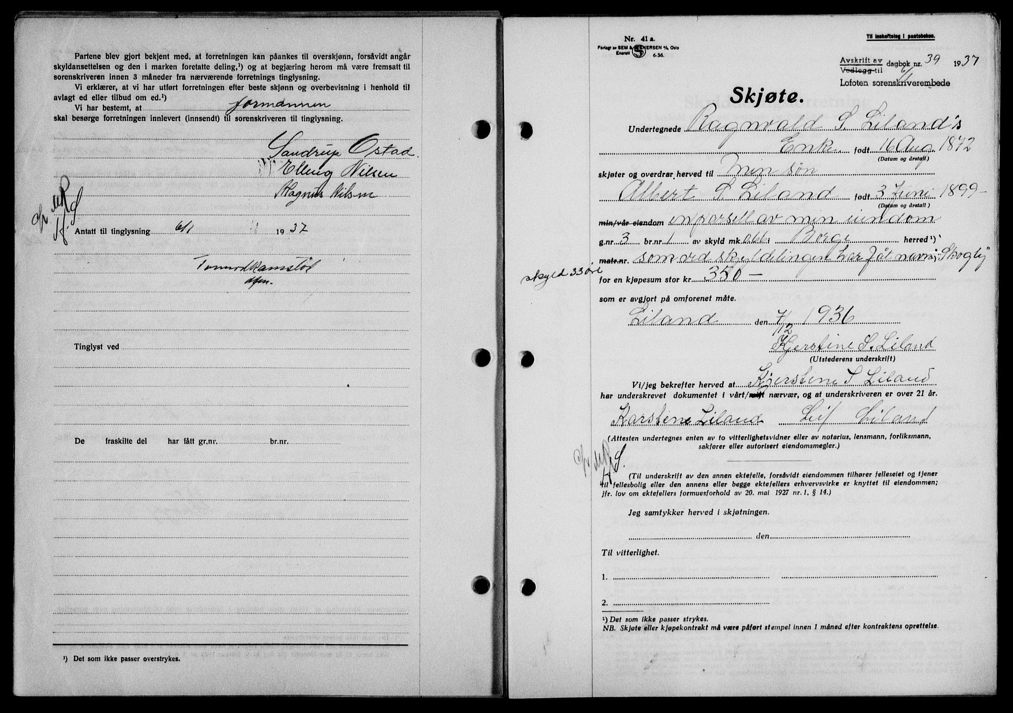 Lofoten sorenskriveri, SAT/A-0017/1/2/2C/L0001a: Mortgage book no. 1a, 1936-1937, Diary no: : 39/1937