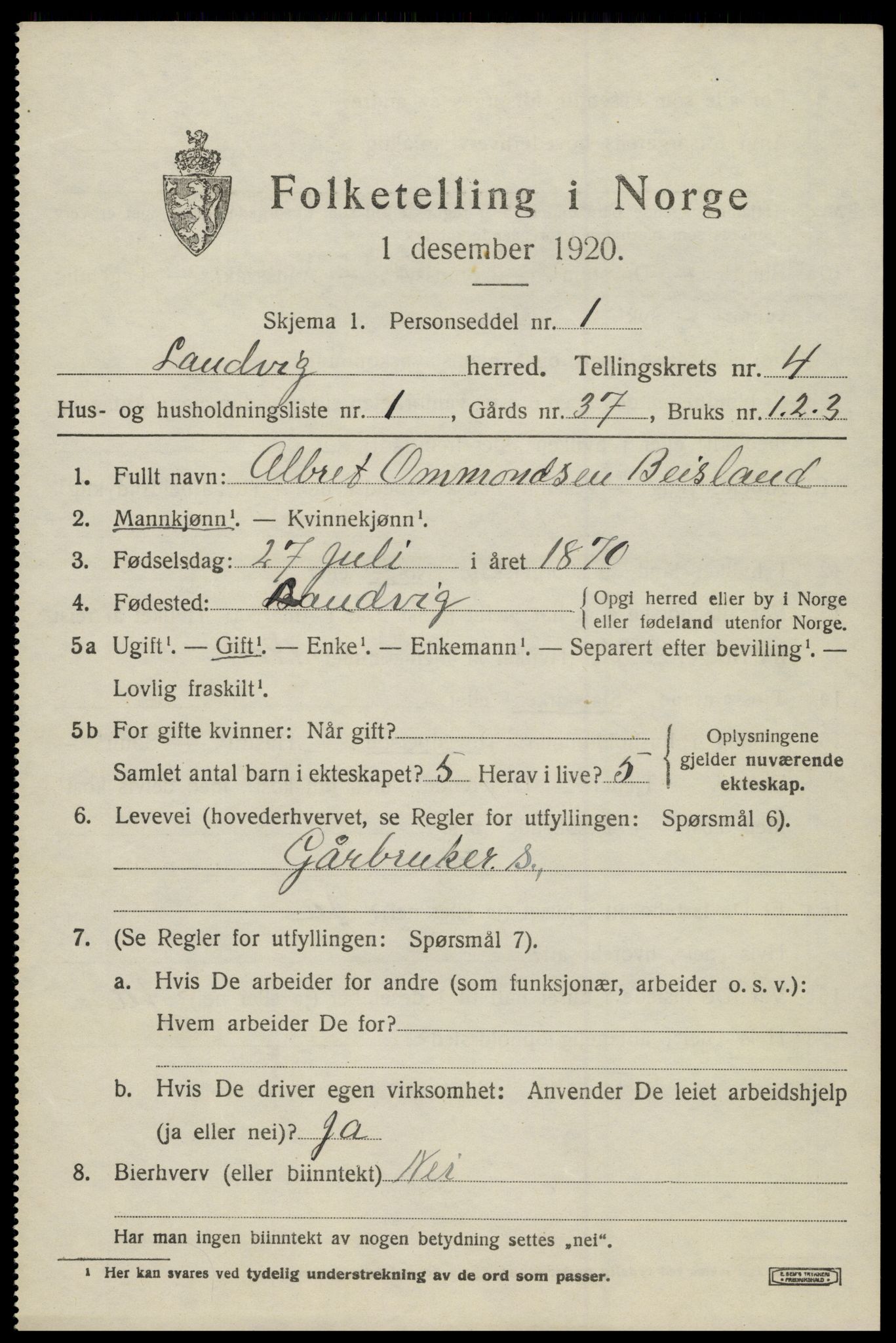 SAK, 1920 census for Landvik, 1920, p. 3660