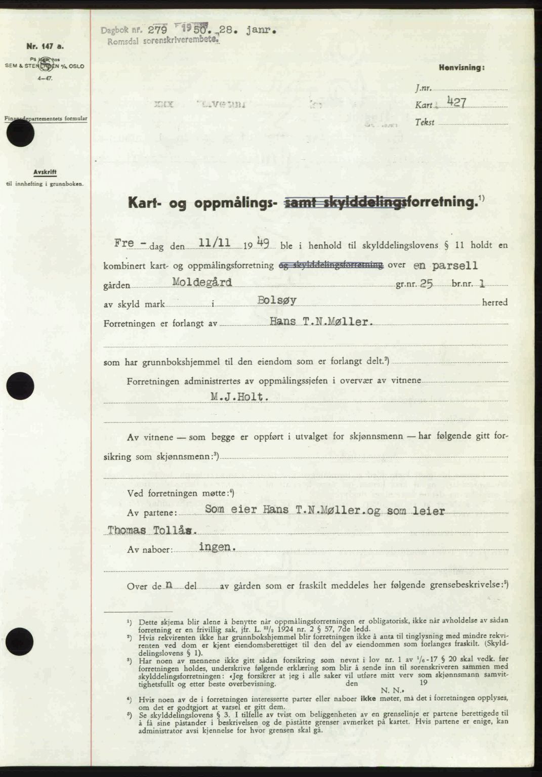 Romsdal sorenskriveri, AV/SAT-A-4149/1/2/2C: Mortgage book no. A32, 1950-1950, Diary no: : 279/1950