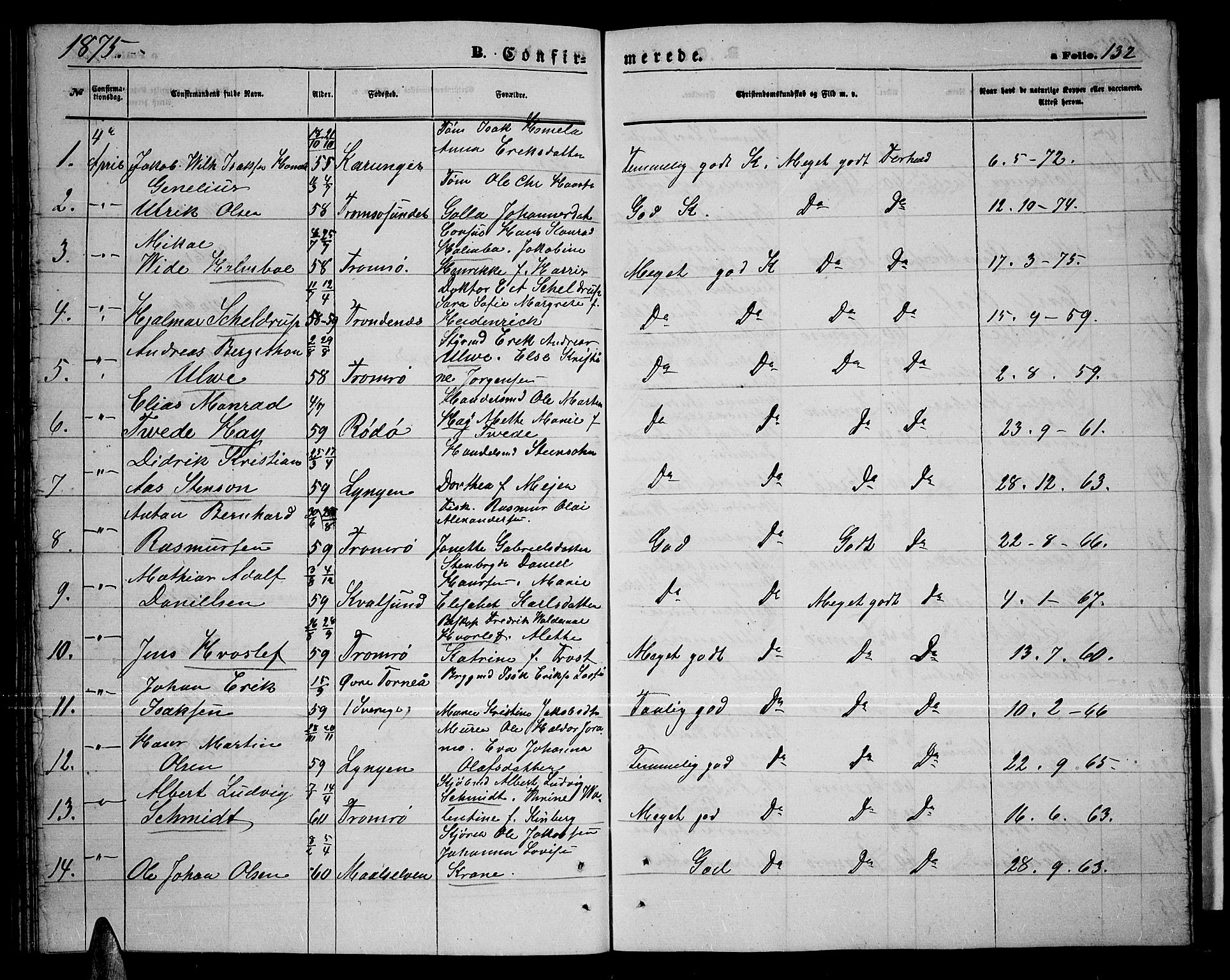 Tromsø sokneprestkontor/stiftsprosti/domprosti, SATØ/S-1343/G/Gb/L0007klokker: Parish register (copy) no. 7, 1867-1875, p. 132