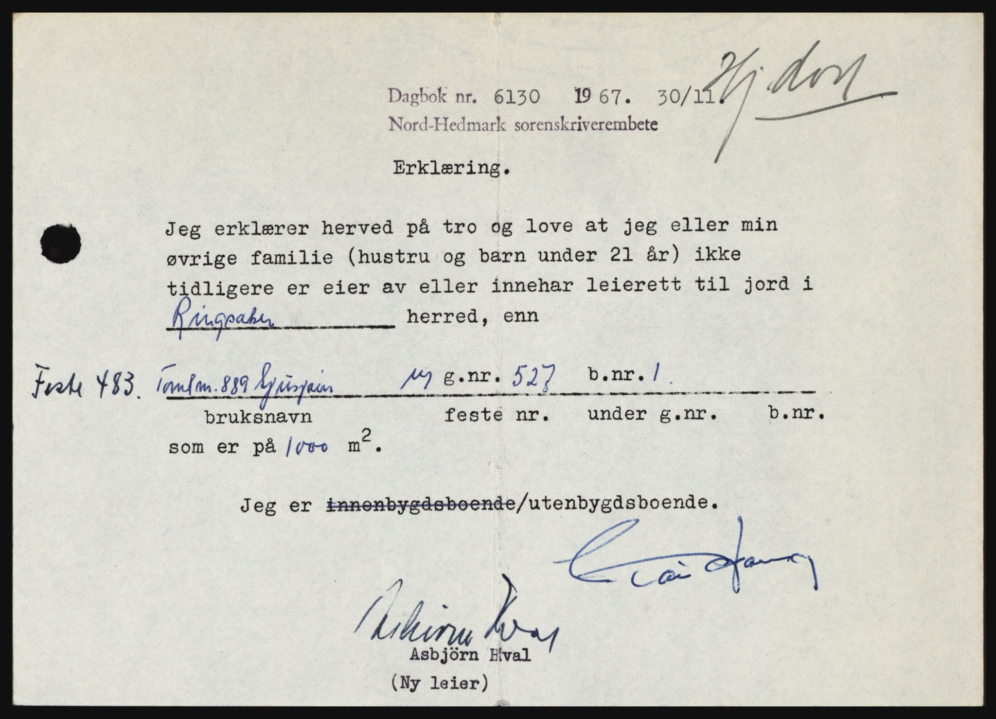 Nord-Hedmark sorenskriveri, SAH/TING-012/H/Hc/L0027: Mortgage book no. 27, 1967-1968, Diary no: : 6130/1967