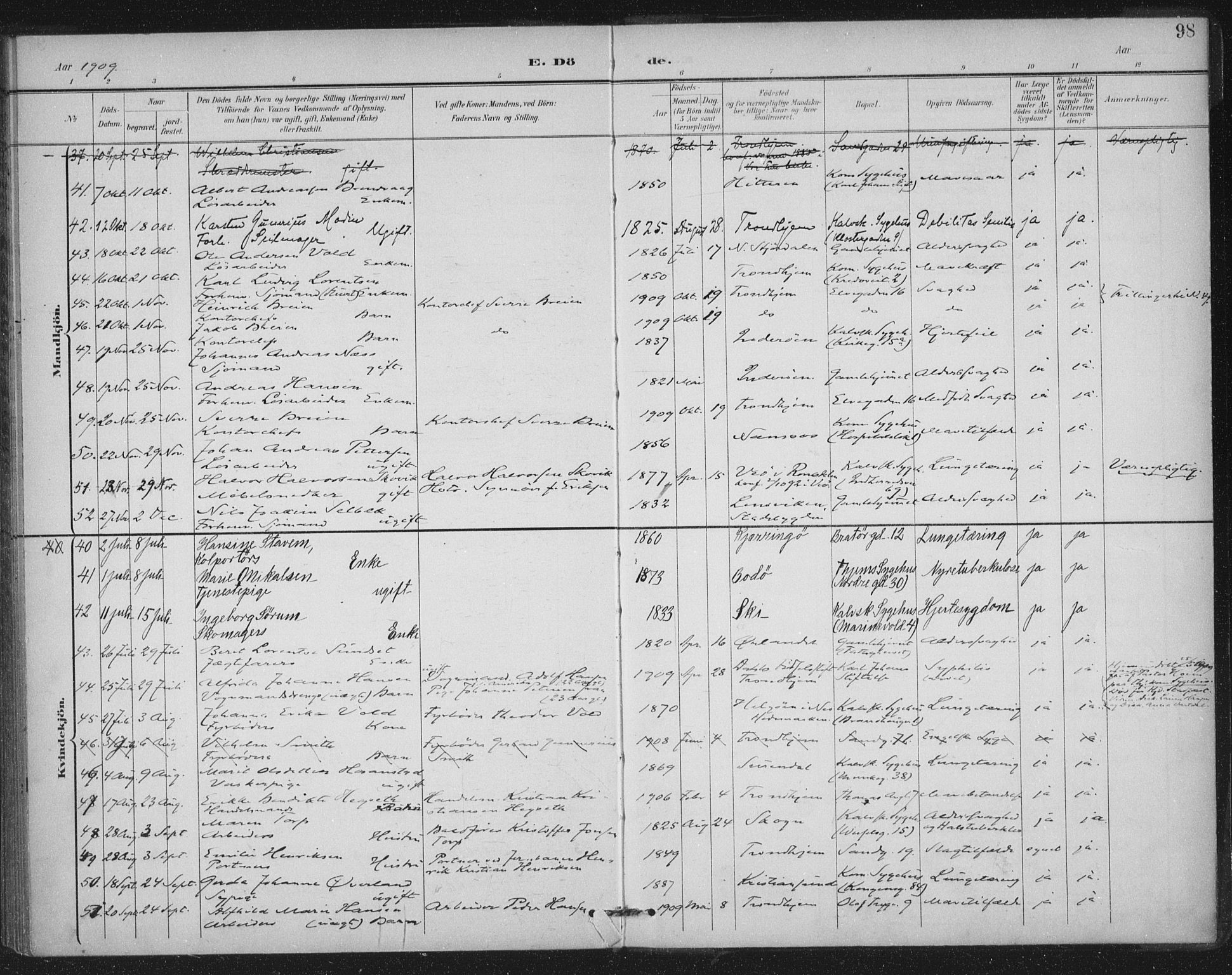 Ministerialprotokoller, klokkerbøker og fødselsregistre - Sør-Trøndelag, SAT/A-1456/602/L0123: Parish register (official) no. 602A21, 1895-1910, p. 98