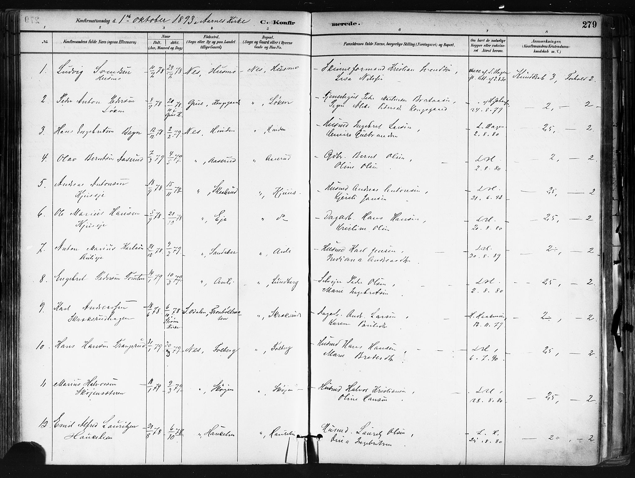 Nes prestekontor Kirkebøker, AV/SAO-A-10410/F/Fa/L0010: Parish register (official) no. I 10, 1883-1898, p. 279