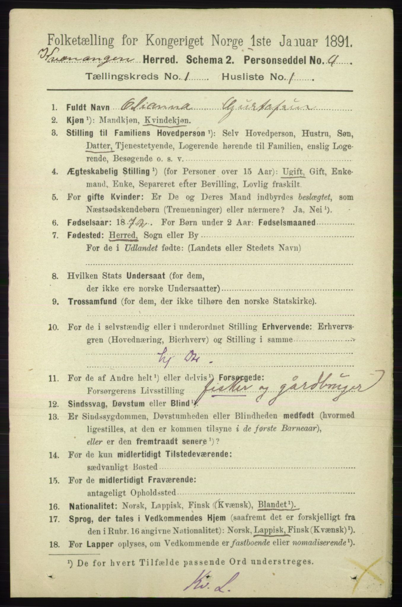 RA, 1891 census for 1943 Kvænangen, 1891, p. 58