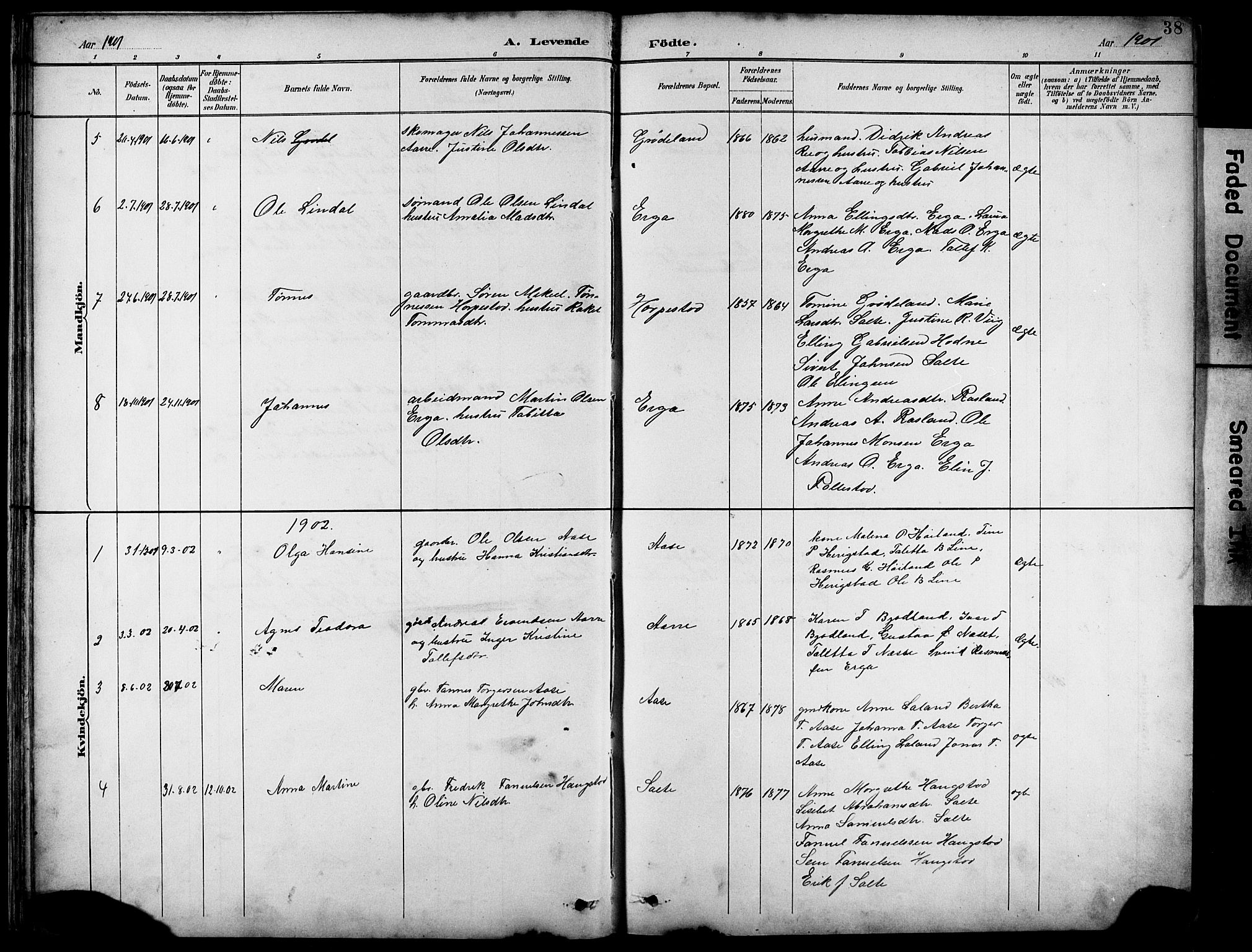 Klepp sokneprestkontor, SAST/A-101803/001/3/30BB/L0005: Parish register (copy) no. B 5, 1889-1918, p. 38