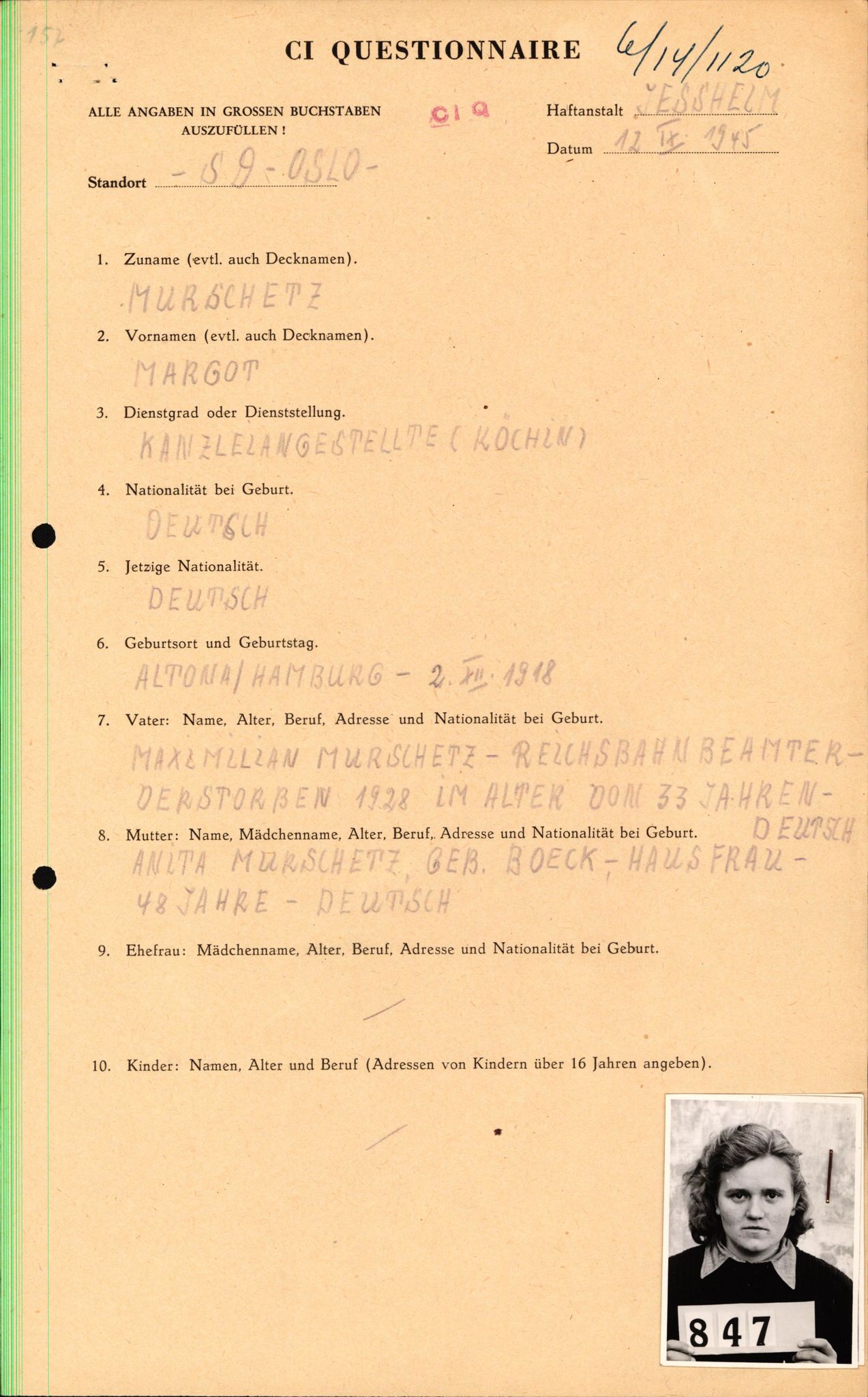 Forsvaret, Forsvarets overkommando II, RA/RAFA-3915/D/Db/L0022: CI Questionaires. Tyske okkupasjonsstyrker i Norge. Tyskere., 1945-1946, p. 452