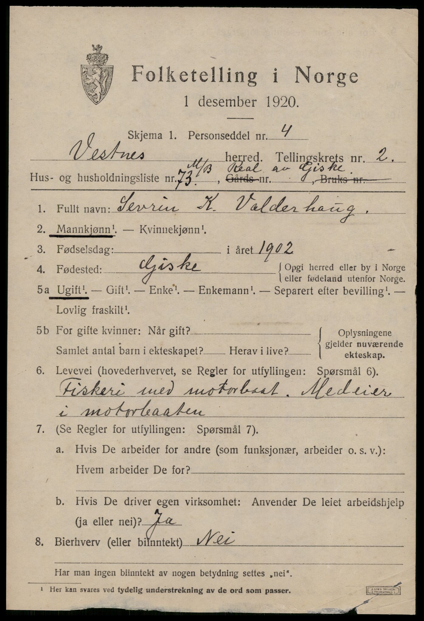 SAT, 1920 census for Vestnes, 1920, p. 2675