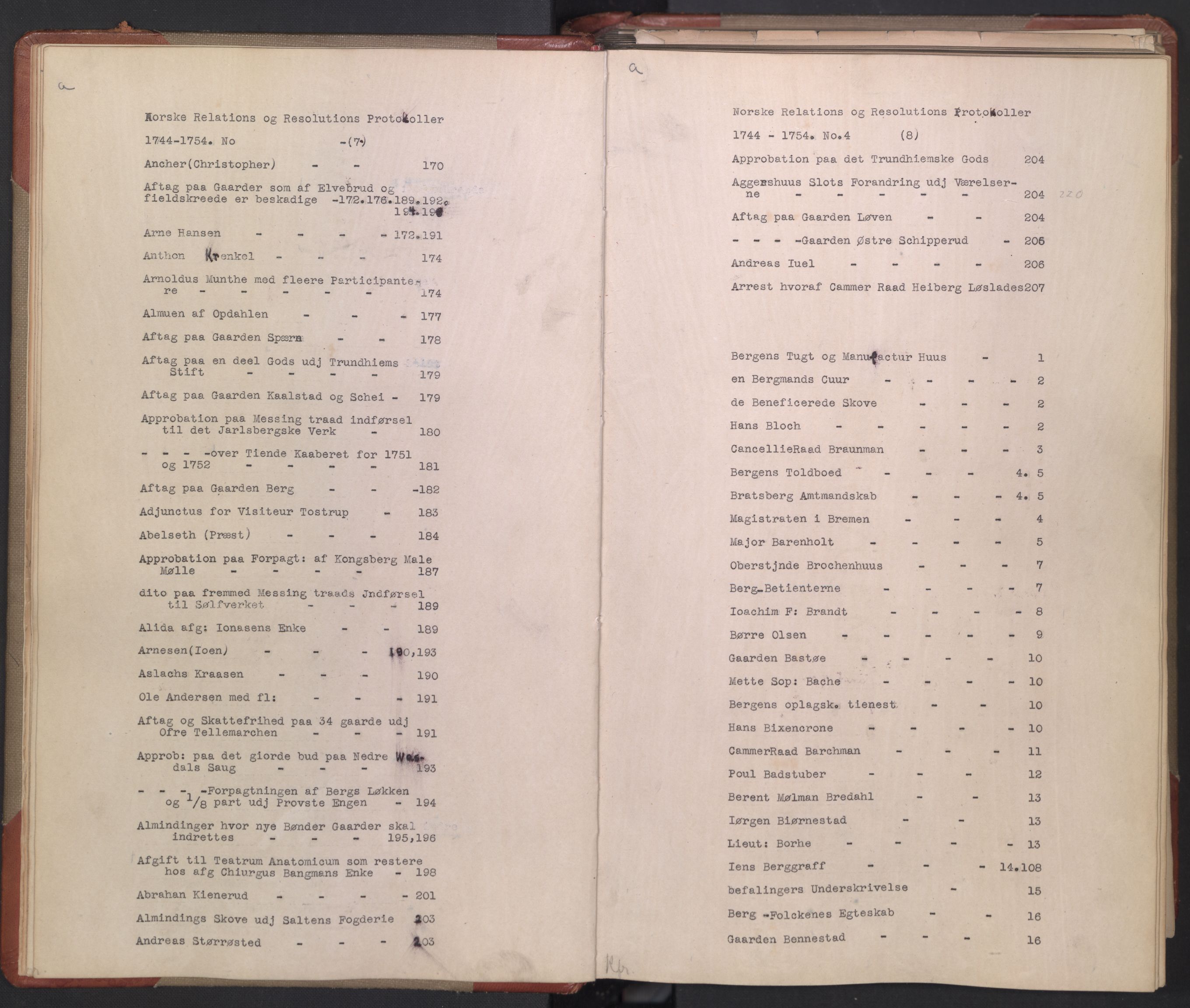 Avskriftsamlingen, AV/RA-EA-4022/F/Fb/L0118: Registratur over norske Relasjons- og resolusjonsprotokoller, 1744-1754, p. 7