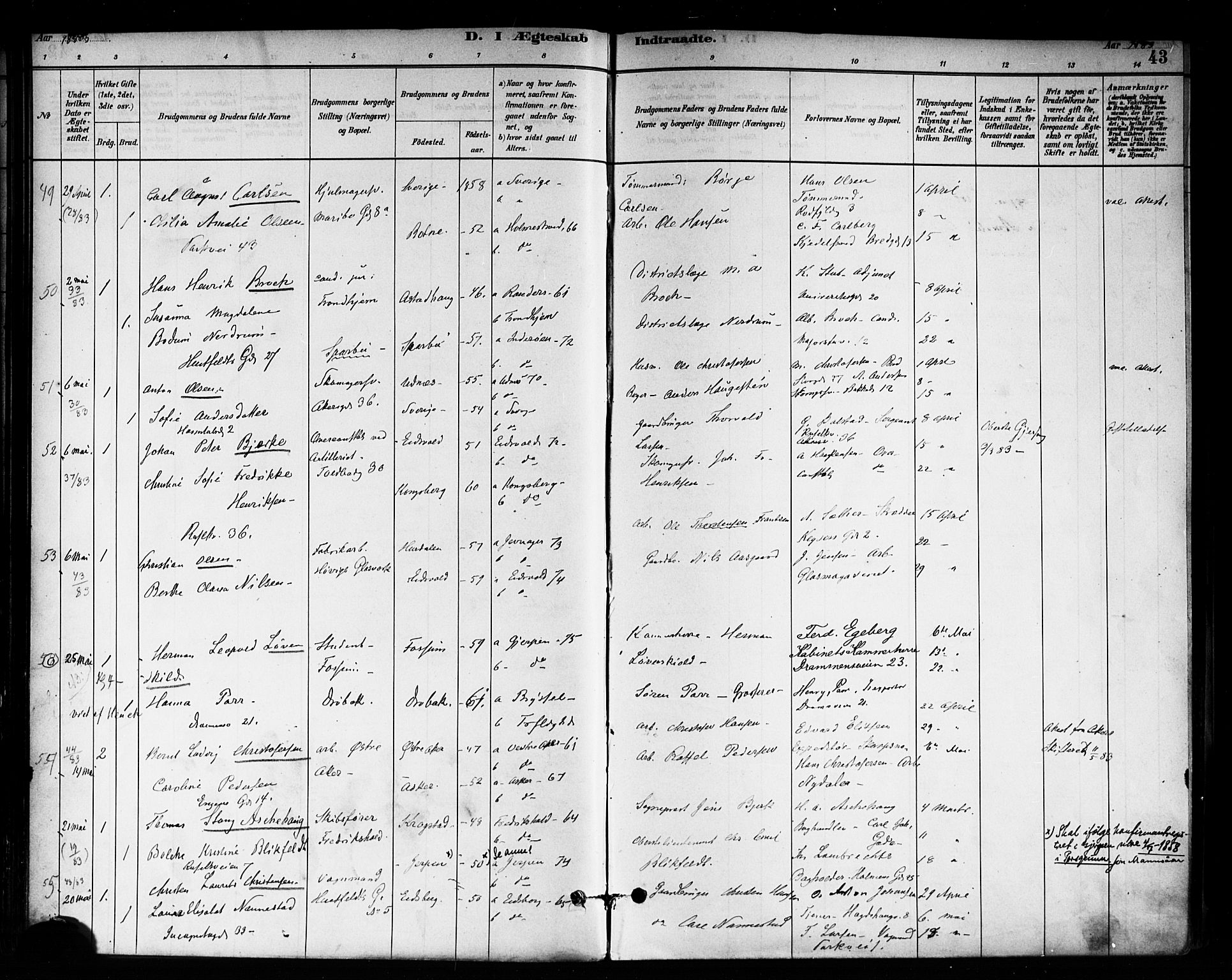 Trefoldighet prestekontor Kirkebøker, SAO/A-10882/F/Fc/L0003: Parish register (official) no. III 3, 1881-1891, p. 43