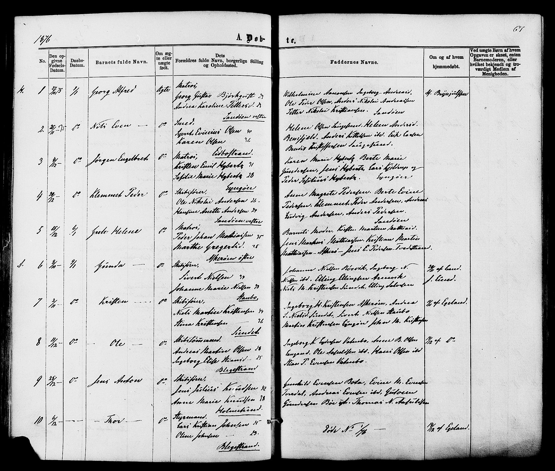 Dypvåg sokneprestkontor, SAK/1111-0007/F/Fa/Faa/L0007: Parish register (official) no. A 7/ 1, 1872-1884, p. 67