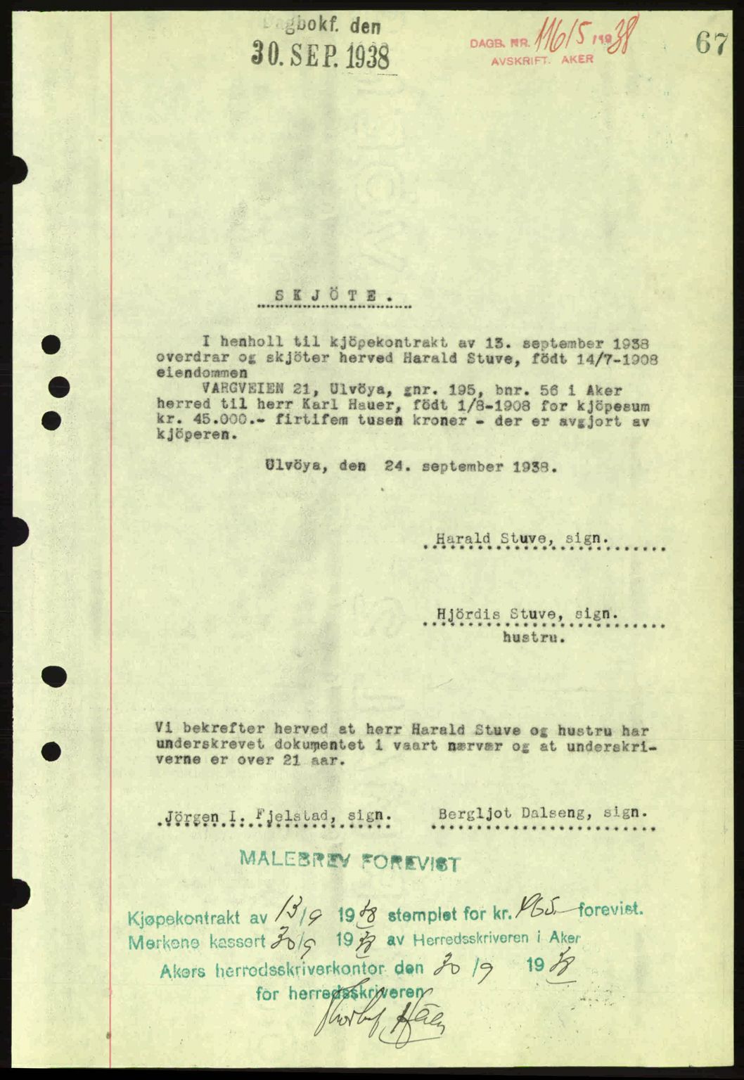 Aker herredsskriveri, SAO/A-10896/G/Gb/Gba/Gbab/L0025: Mortgage book no. A154-155, 1938-1938, Diary no: : 11615/1938