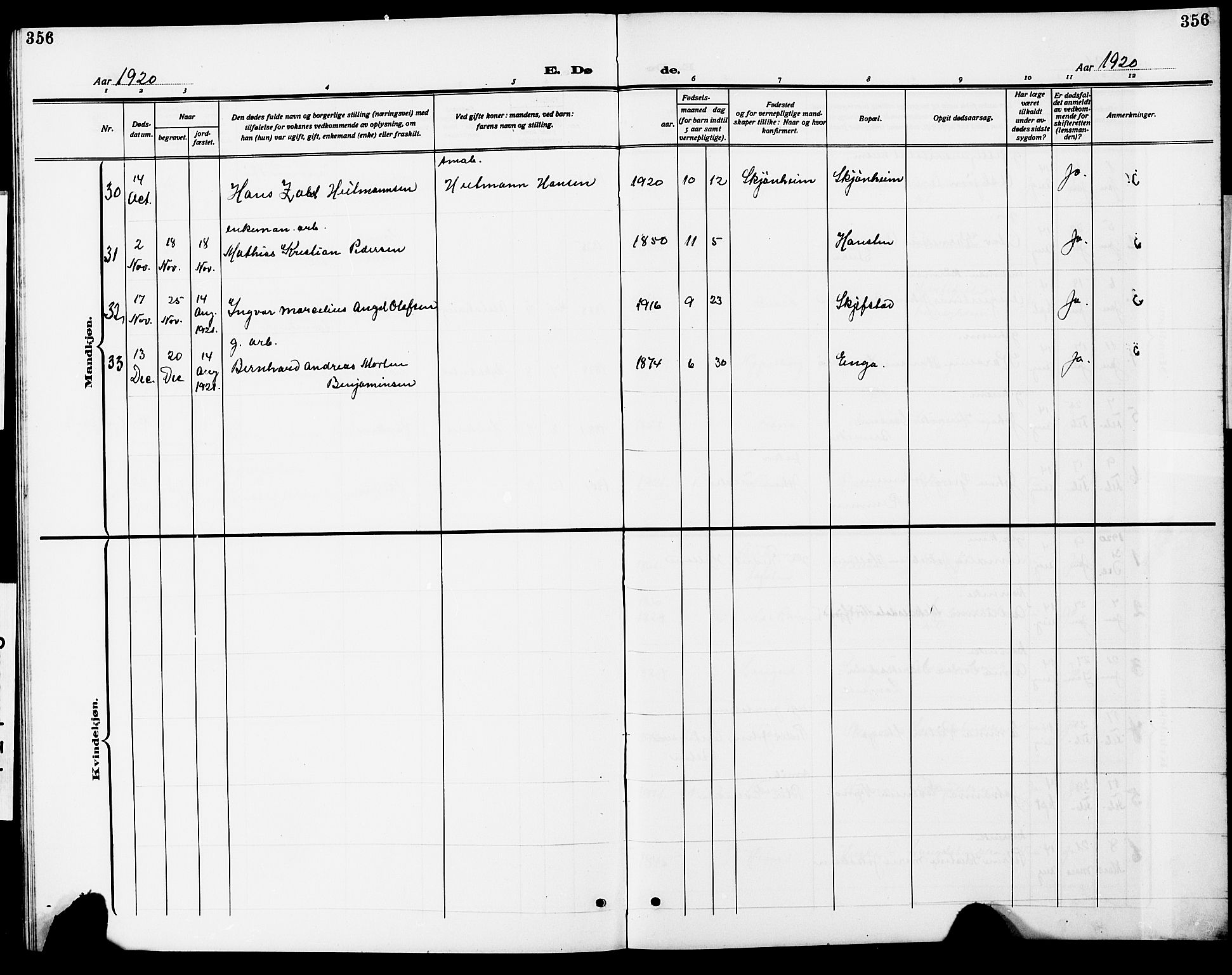 Ministerialprotokoller, klokkerbøker og fødselsregistre - Nordland, AV/SAT-A-1459/838/L0560: Parish register (copy) no. 838C07, 1910-1928, p. 356