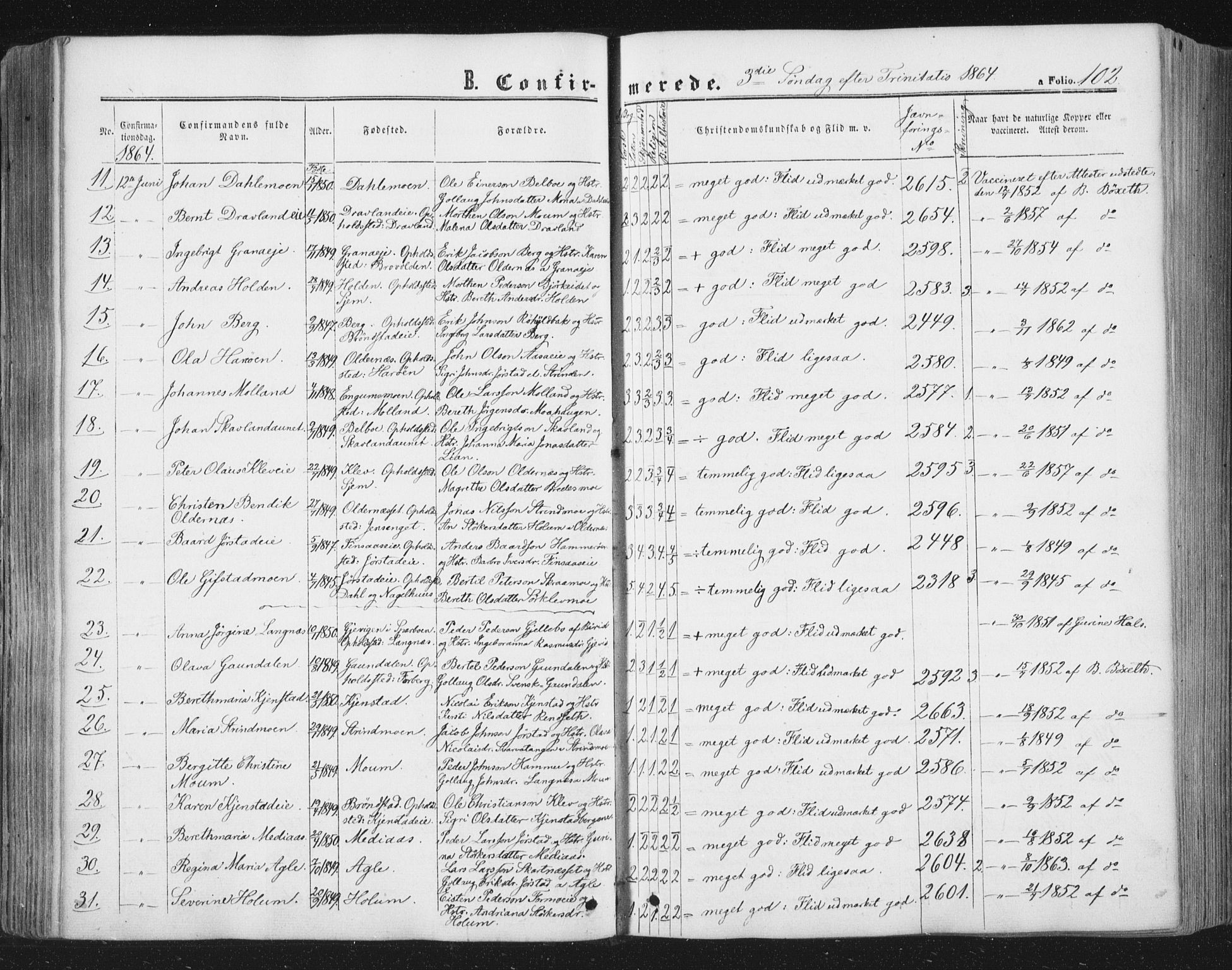 Ministerialprotokoller, klokkerbøker og fødselsregistre - Nord-Trøndelag, SAT/A-1458/749/L0472: Parish register (official) no. 749A06, 1857-1873, p. 102