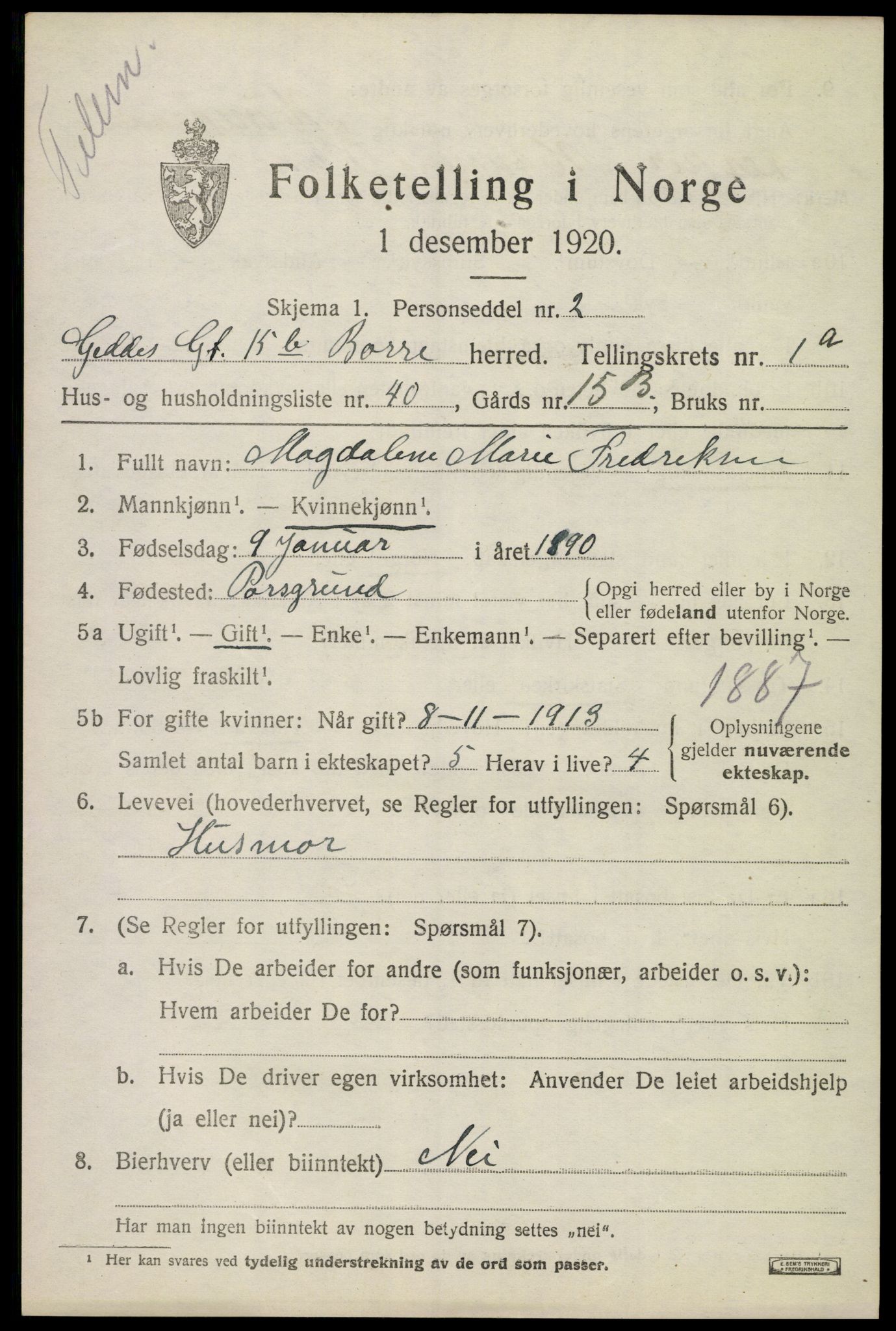 SAKO, 1920 census for Borre, 1920, p. 1918