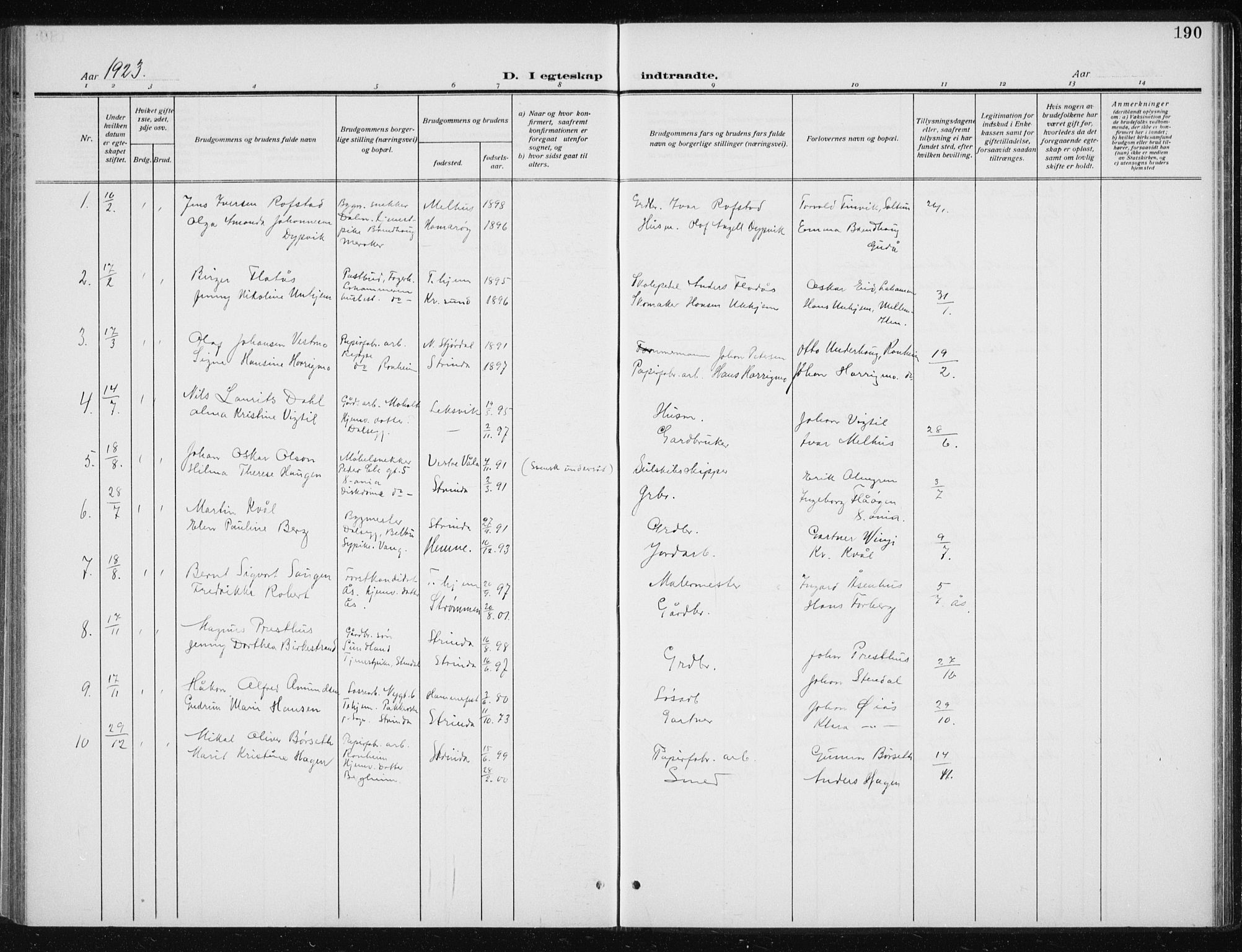 Ministerialprotokoller, klokkerbøker og fødselsregistre - Sør-Trøndelag, SAT/A-1456/606/L0314: Parish register (copy) no. 606C10, 1911-1937, p. 190