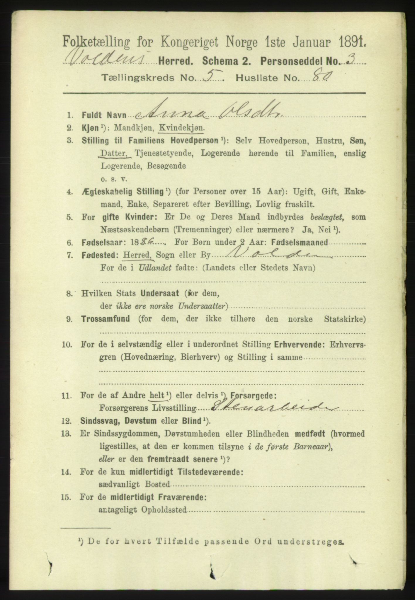 RA, 1891 census for 1519 Volda, 1891, p. 2787