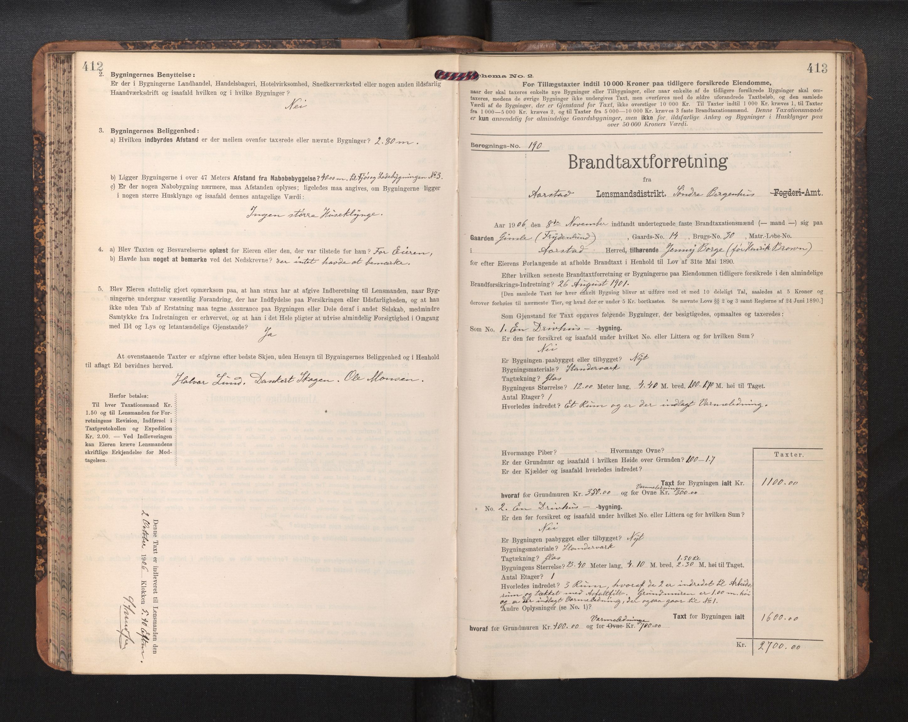 Lensmannen i Årstad, AV/SAB-A-36201/0012/L0014: Branntakstprotokoll,skjematakst, 1906-1907, p. 412-413