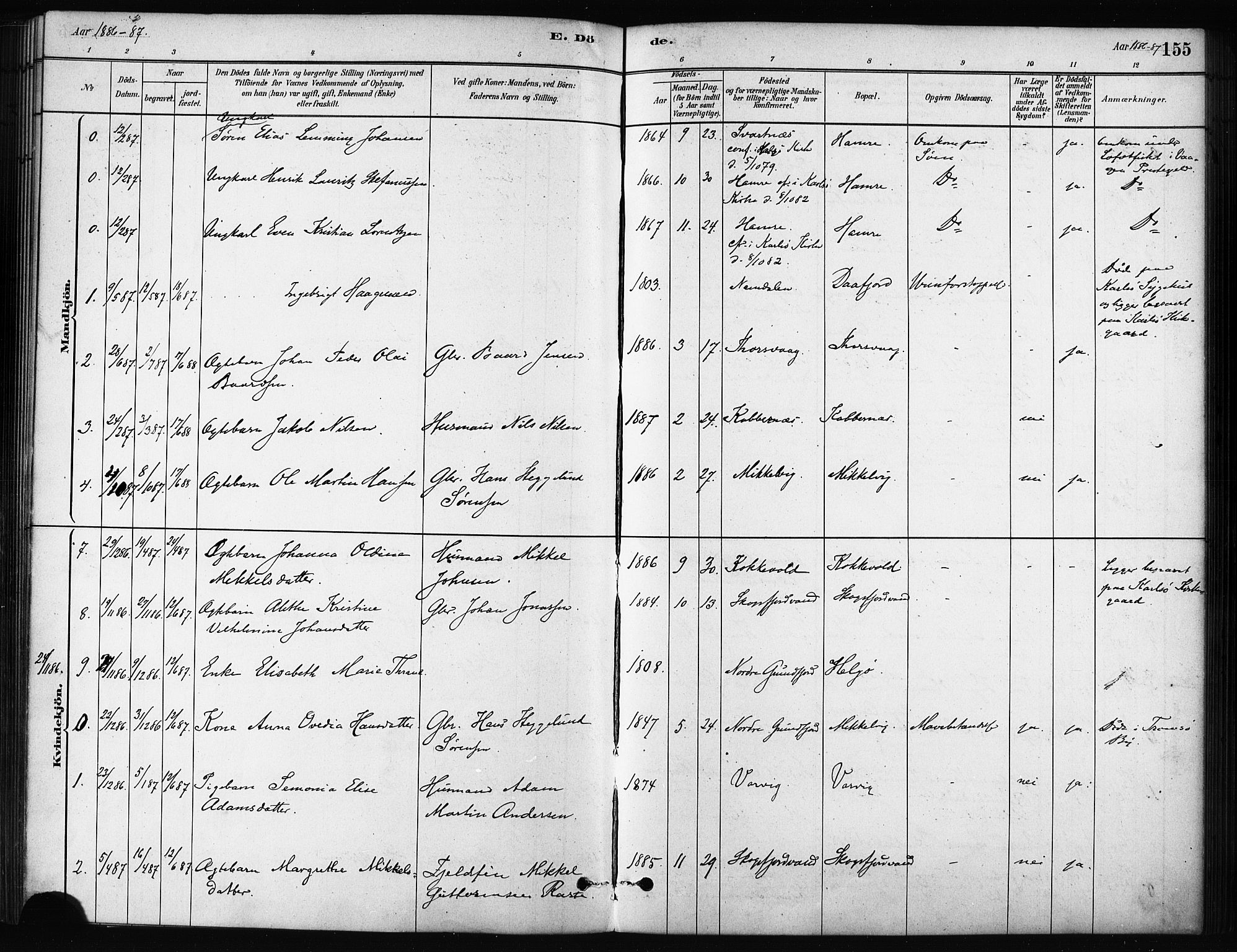 Karlsøy sokneprestembete, AV/SATØ-S-1299/H/Ha/Haa/L0011kirke: Parish register (official) no. 11, 1879-1892, p. 155