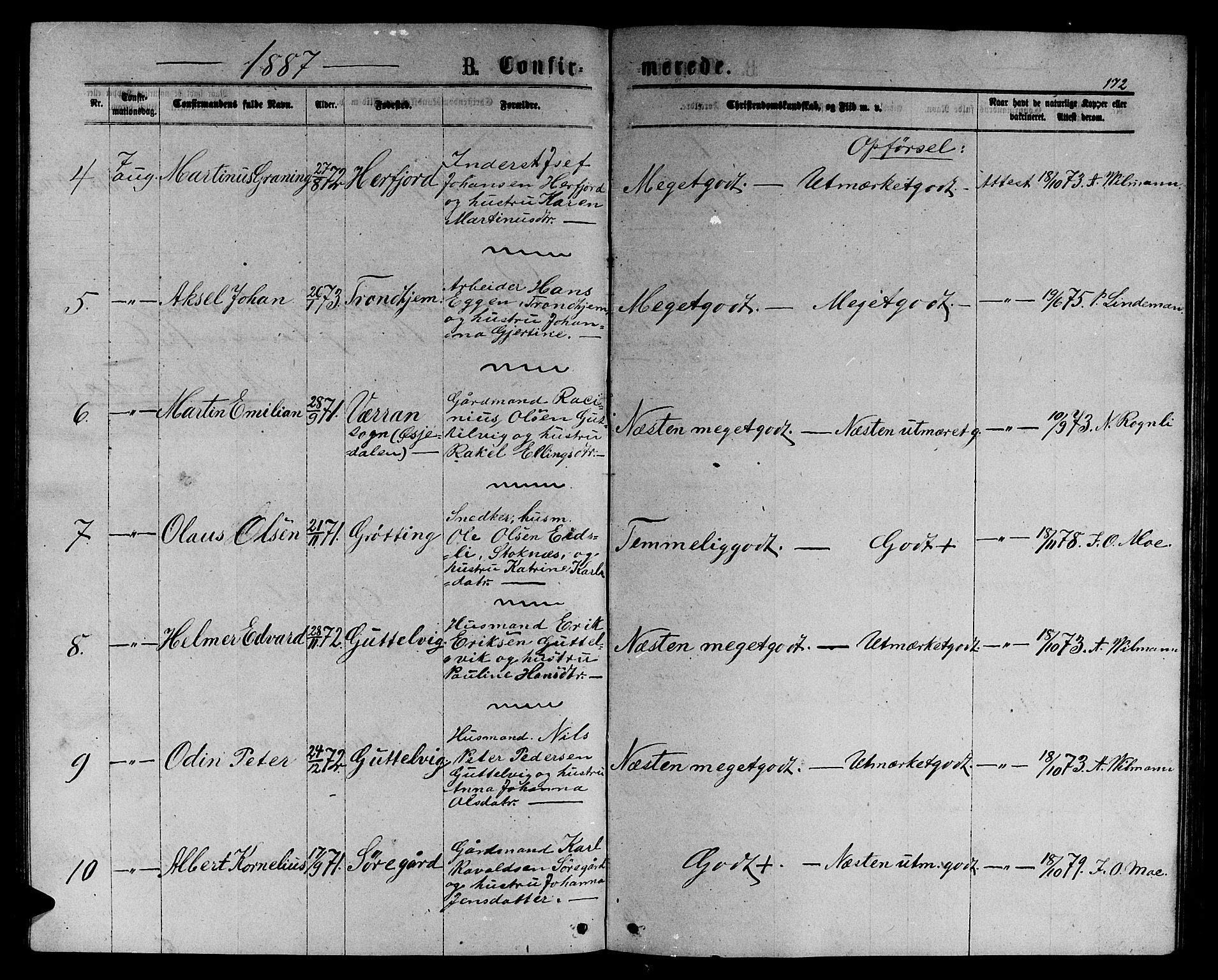 Ministerialprotokoller, klokkerbøker og fødselsregistre - Sør-Trøndelag, AV/SAT-A-1456/656/L0695: Parish register (copy) no. 656C01, 1867-1889, p. 172