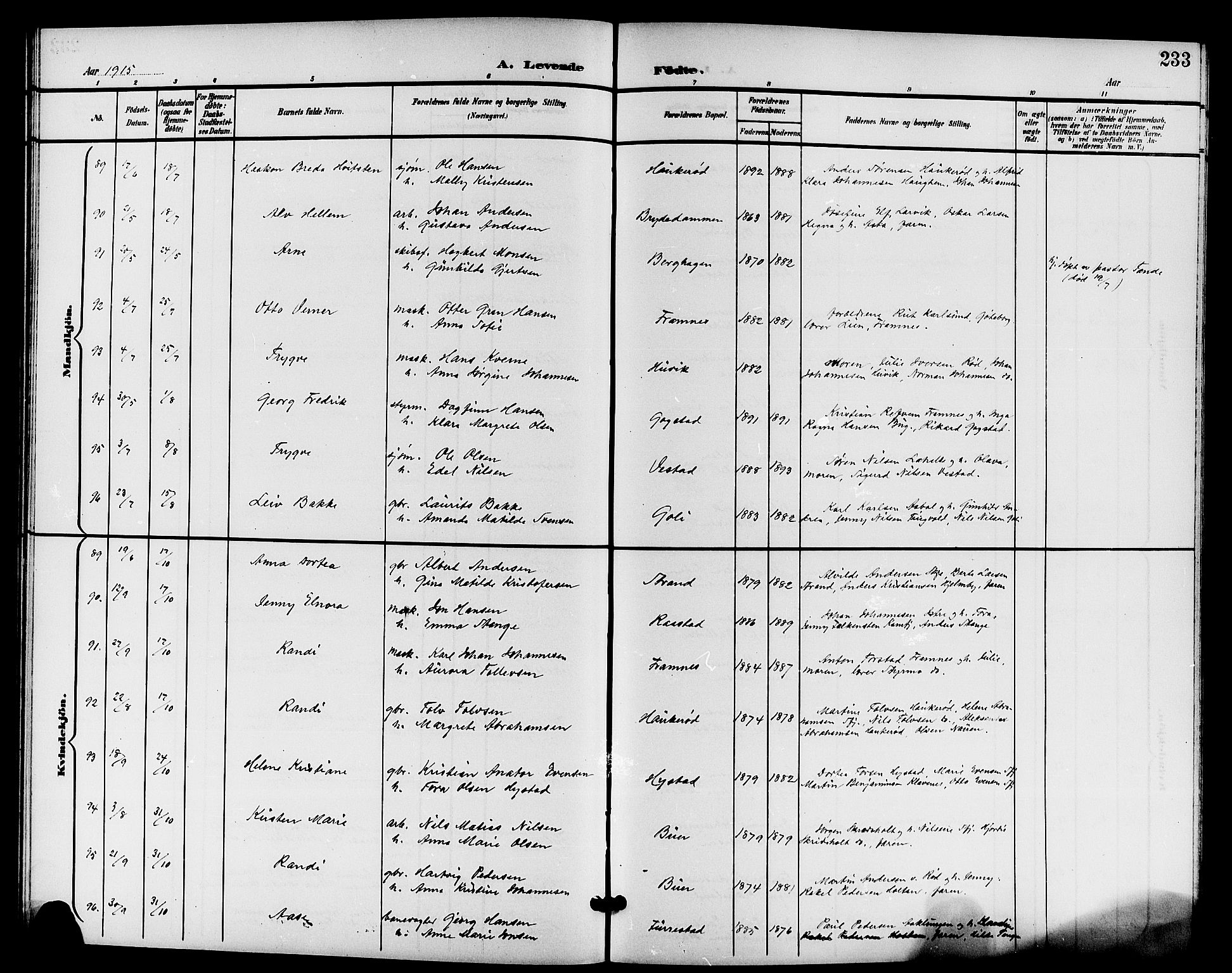 Sandar kirkebøker, AV/SAKO-A-243/G/Ga/L0002: Parish register (copy) no. 2, 1900-1915, p. 233